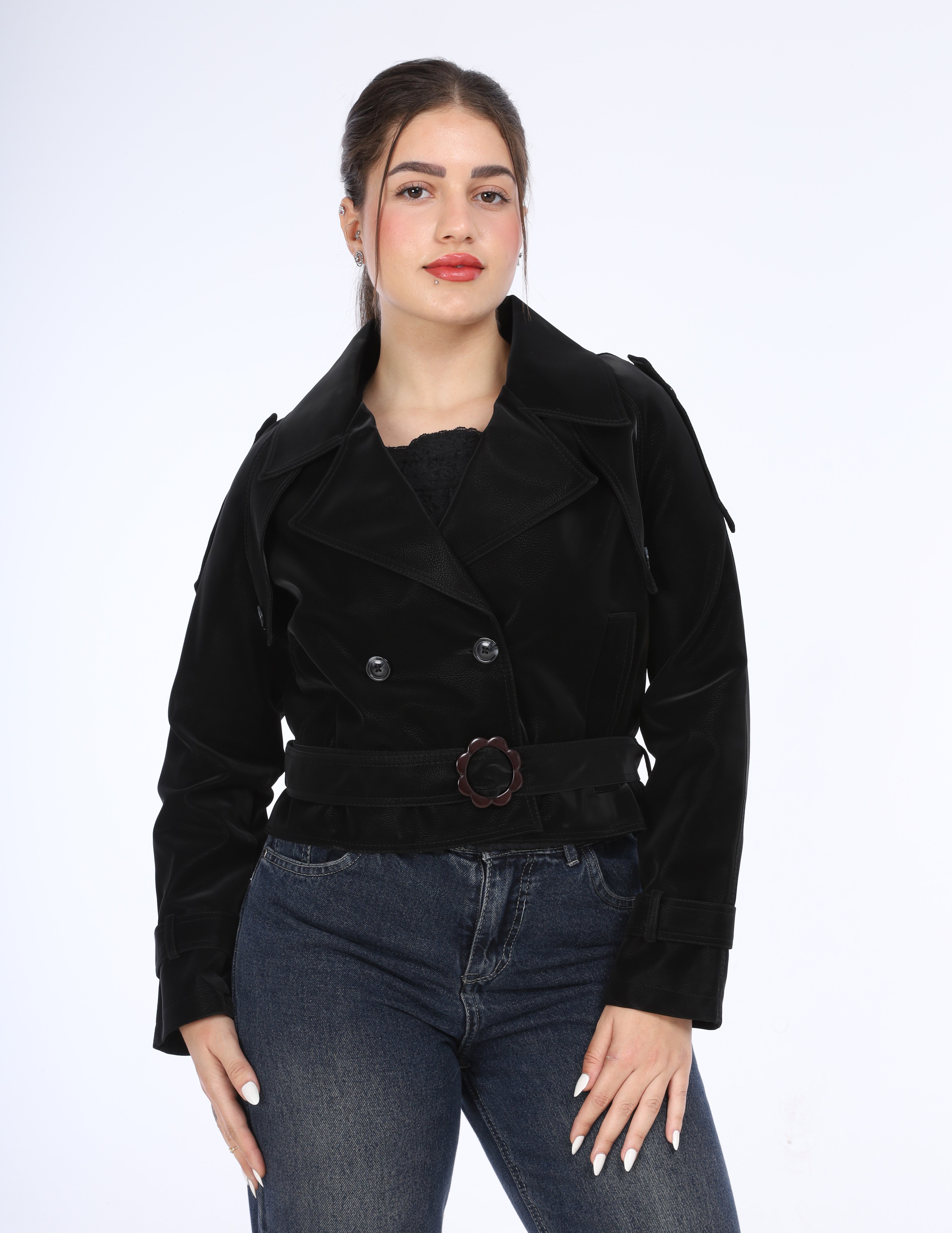 Cropped Faux Leather Jacket with Front Belt w16963020