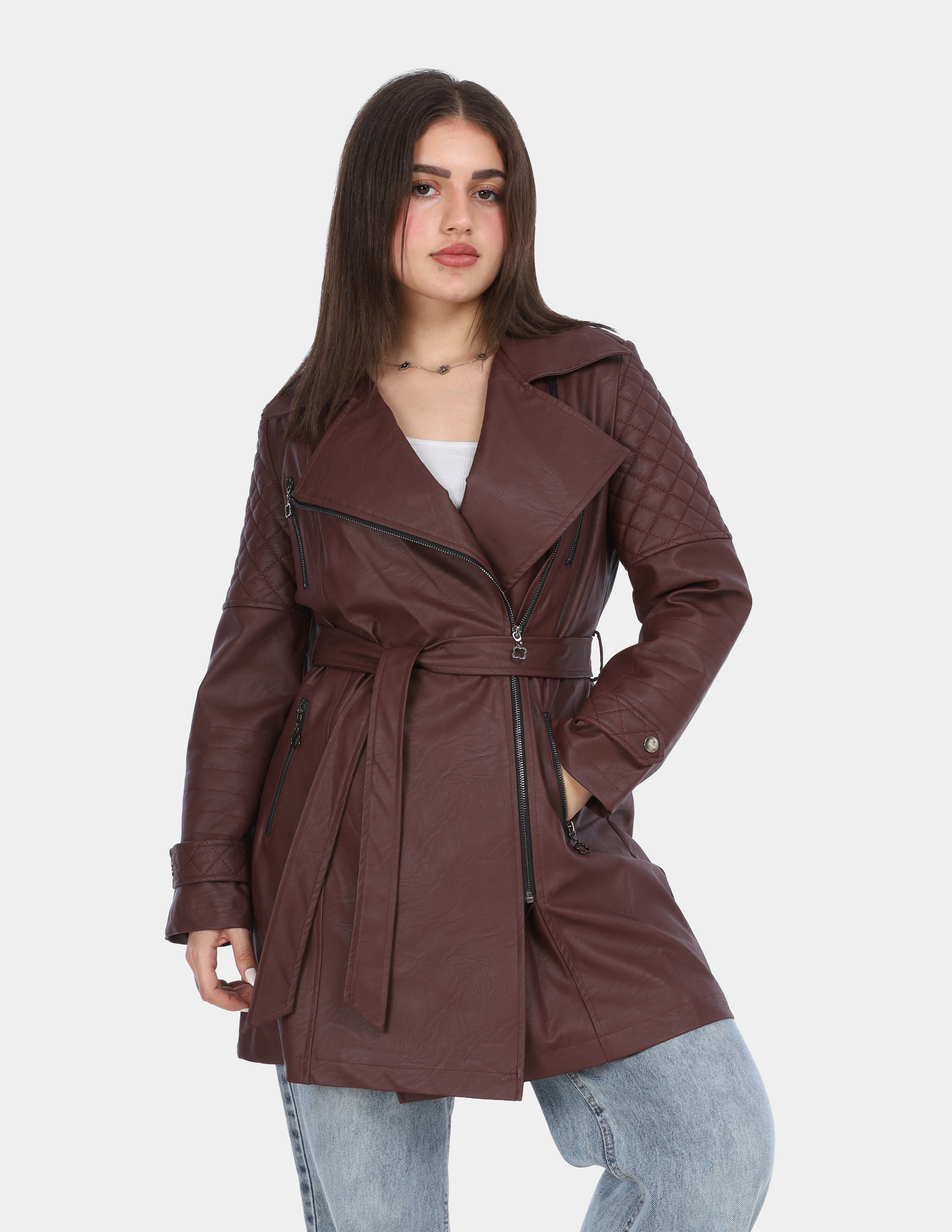 Leather Coat with Belt and Side Zippers w16963030