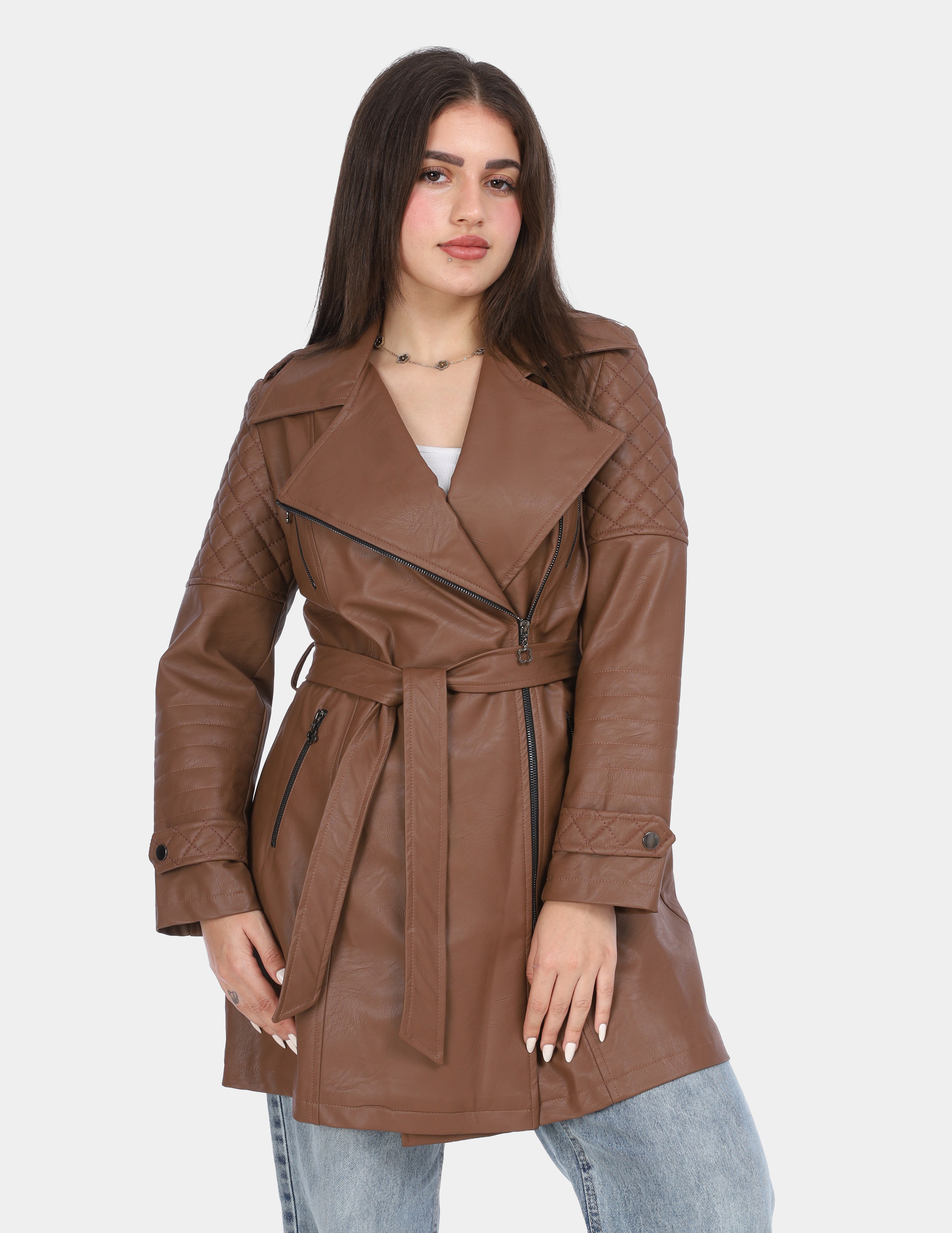 Leather Coat with Belt and Side Zippers w16963030