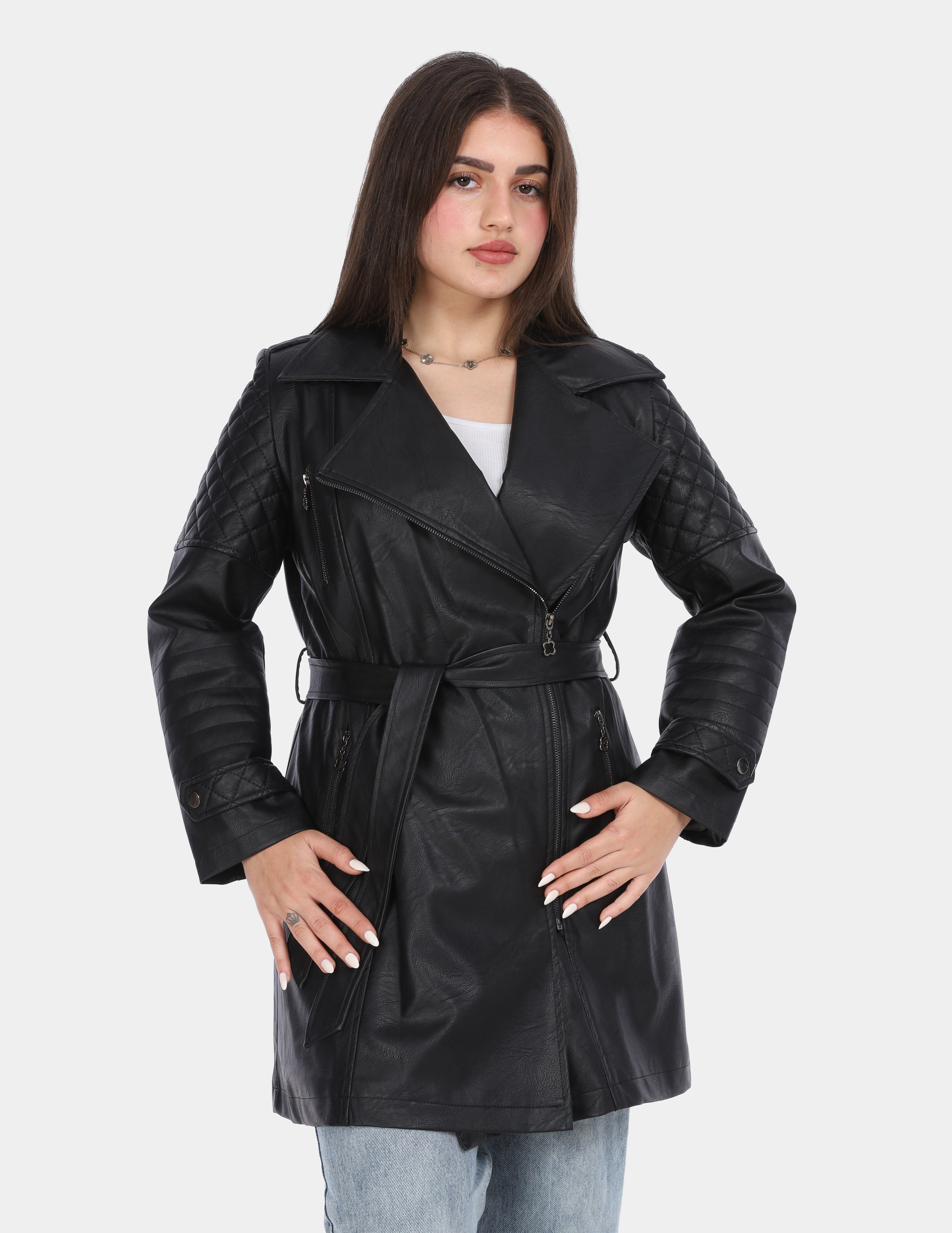Leather Coat with Belt and Side Zippers w16963030