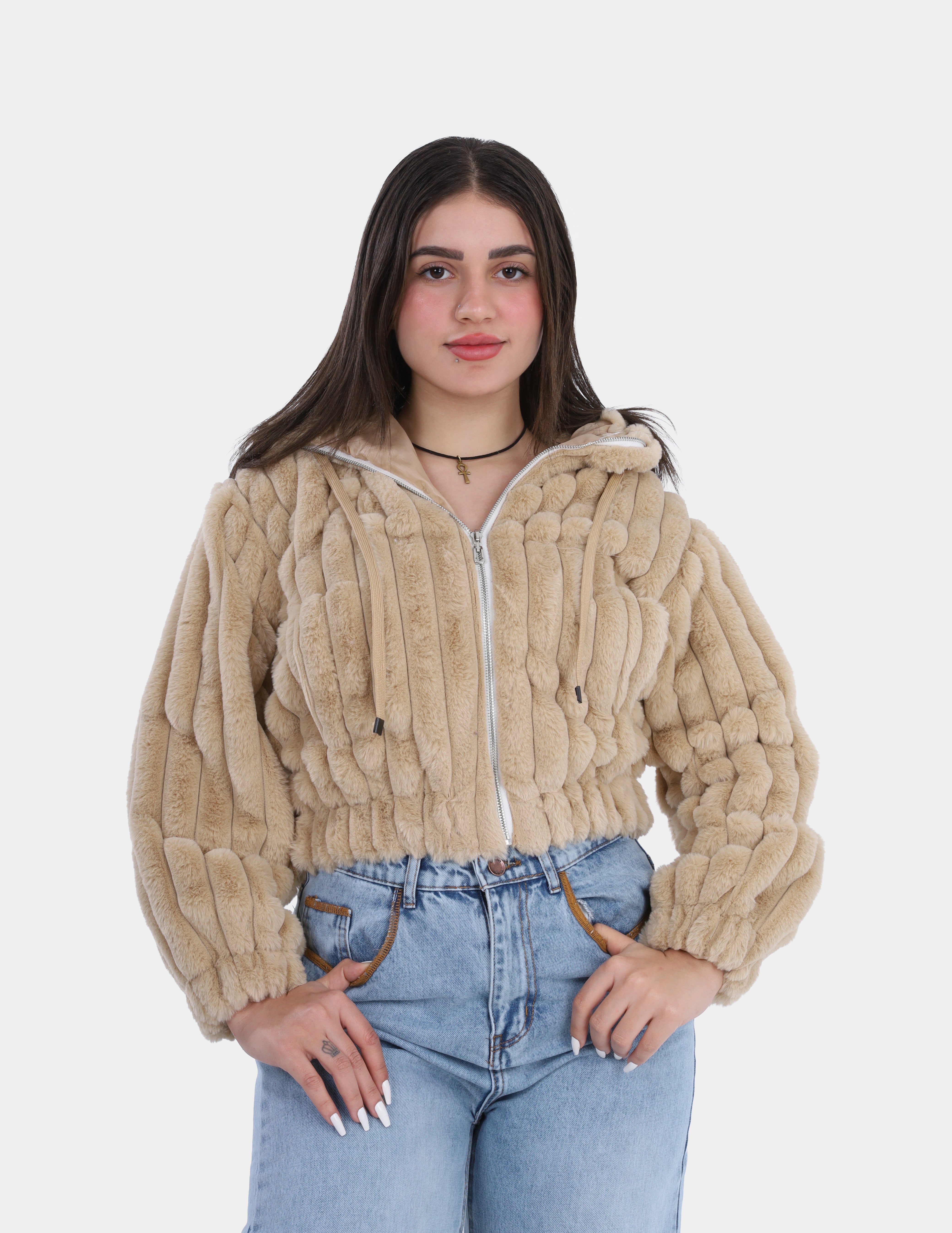 Textured Faux Fur Zip-Up Hoodie Jacket w1698201