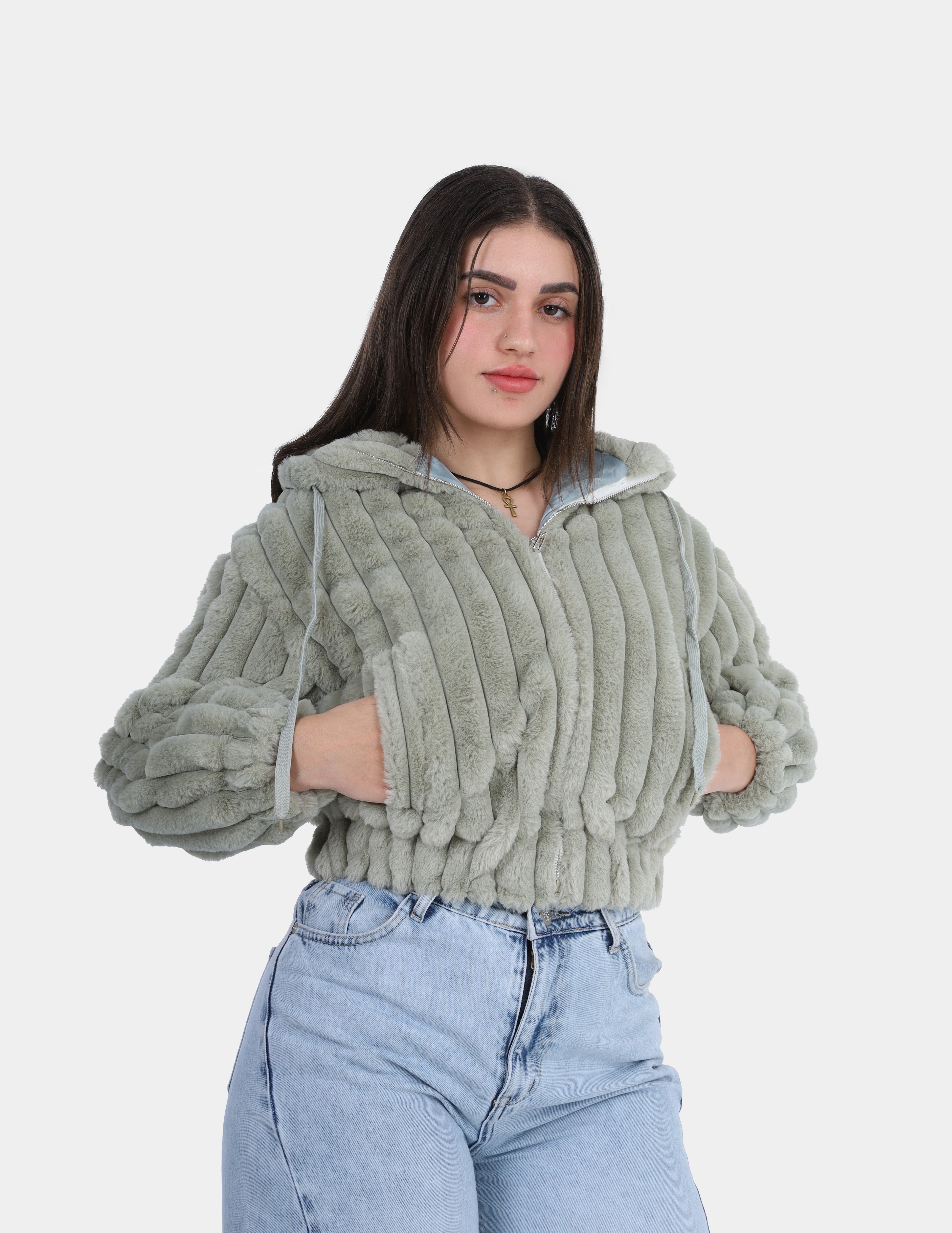 Textured Faux Fur Zip-Up Hoodie Jacket w1698201