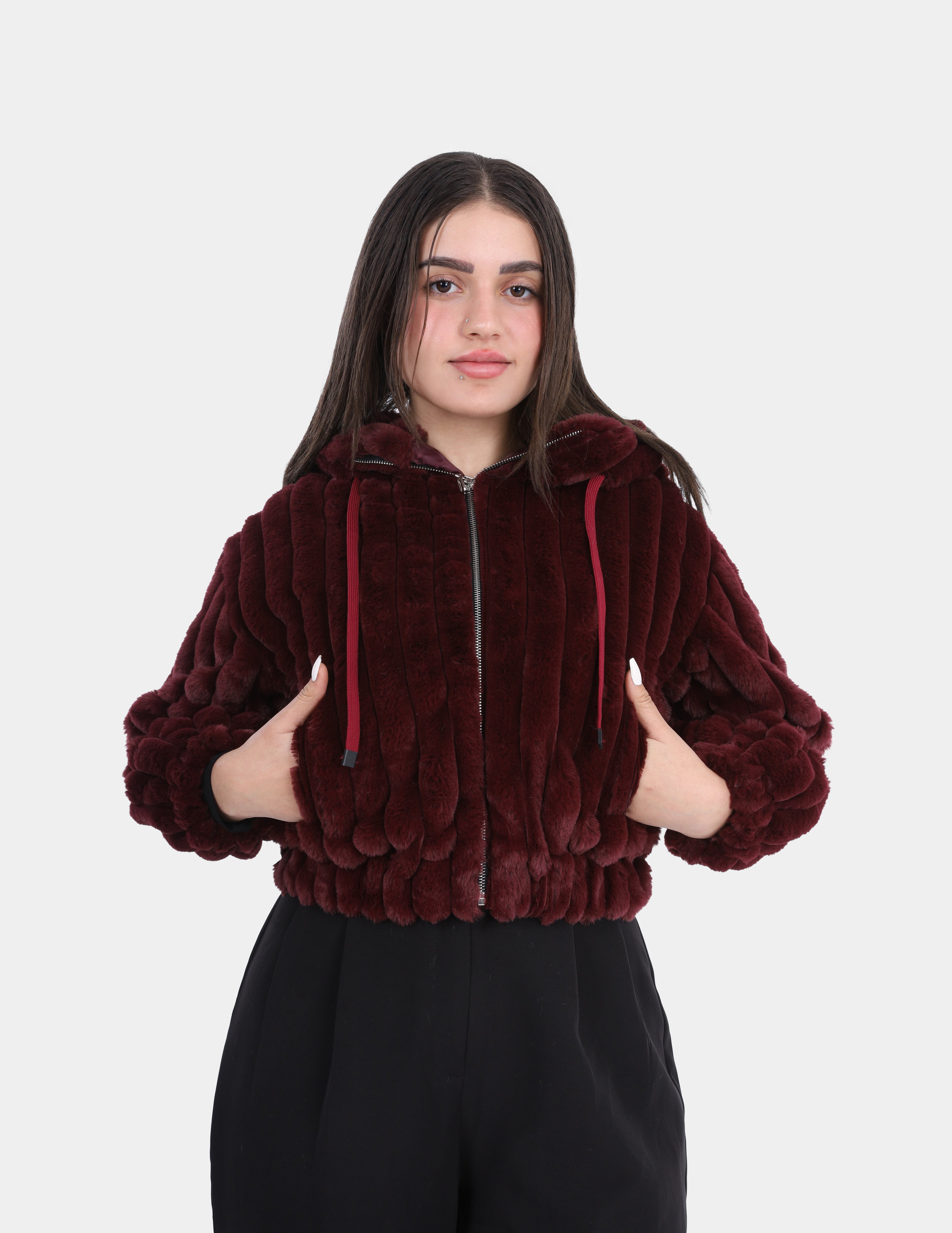 Textured Faux Fur Zip-Up Hoodie Jacket w1698201