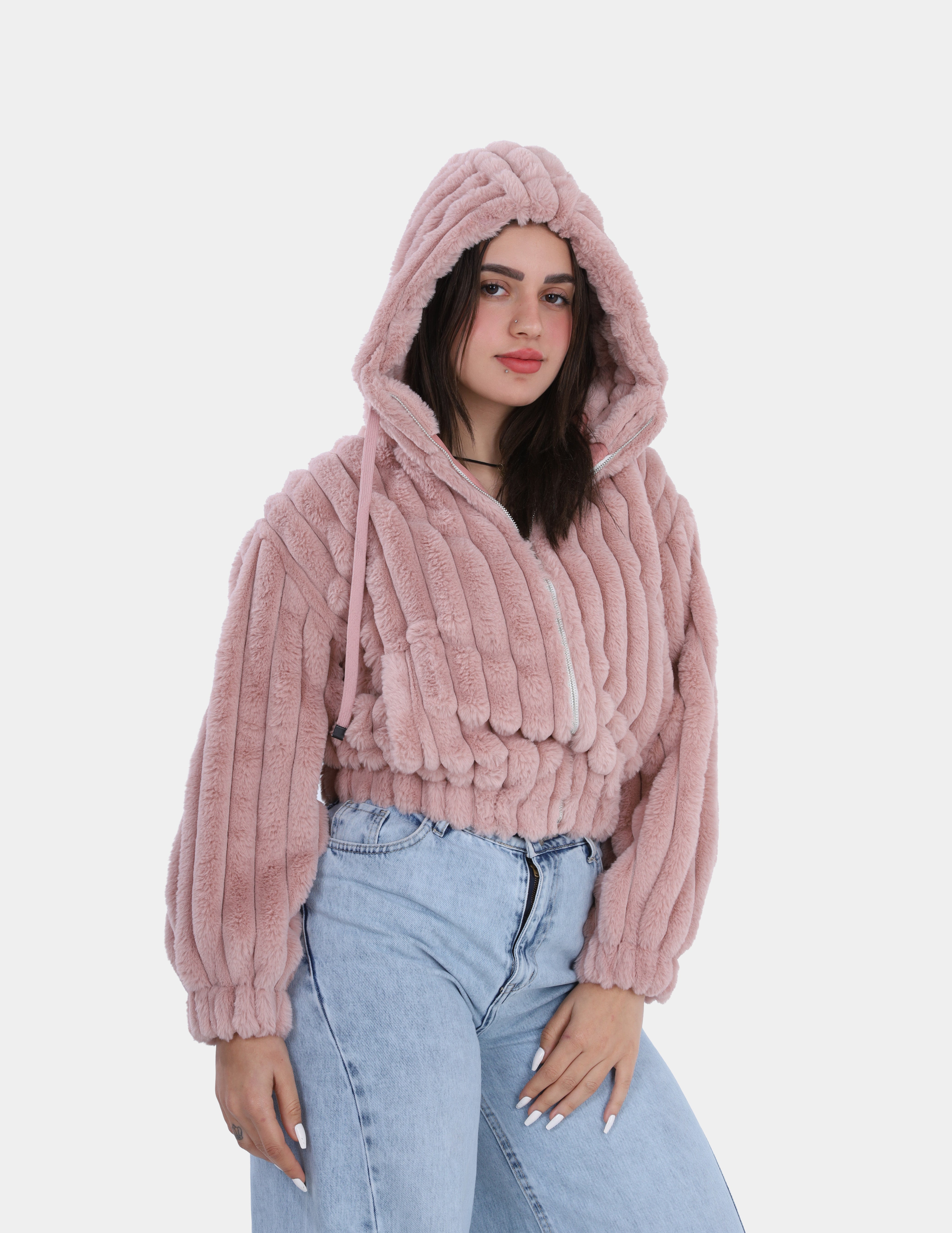 Textured Faux Fur Zip-Up Hoodie Jacket w1698201