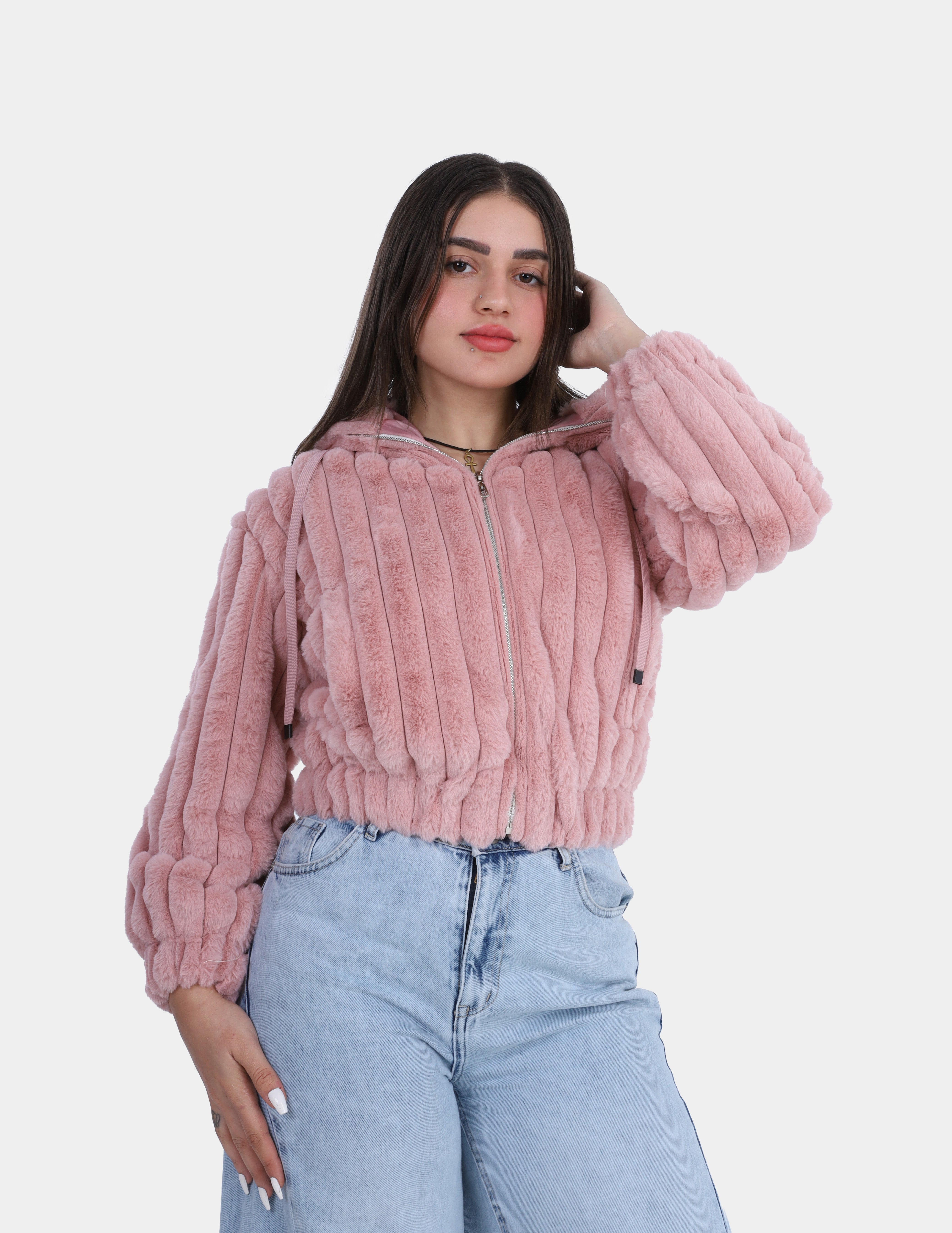 Textured Faux Fur Zip-Up Hoodie Jacket w1698201