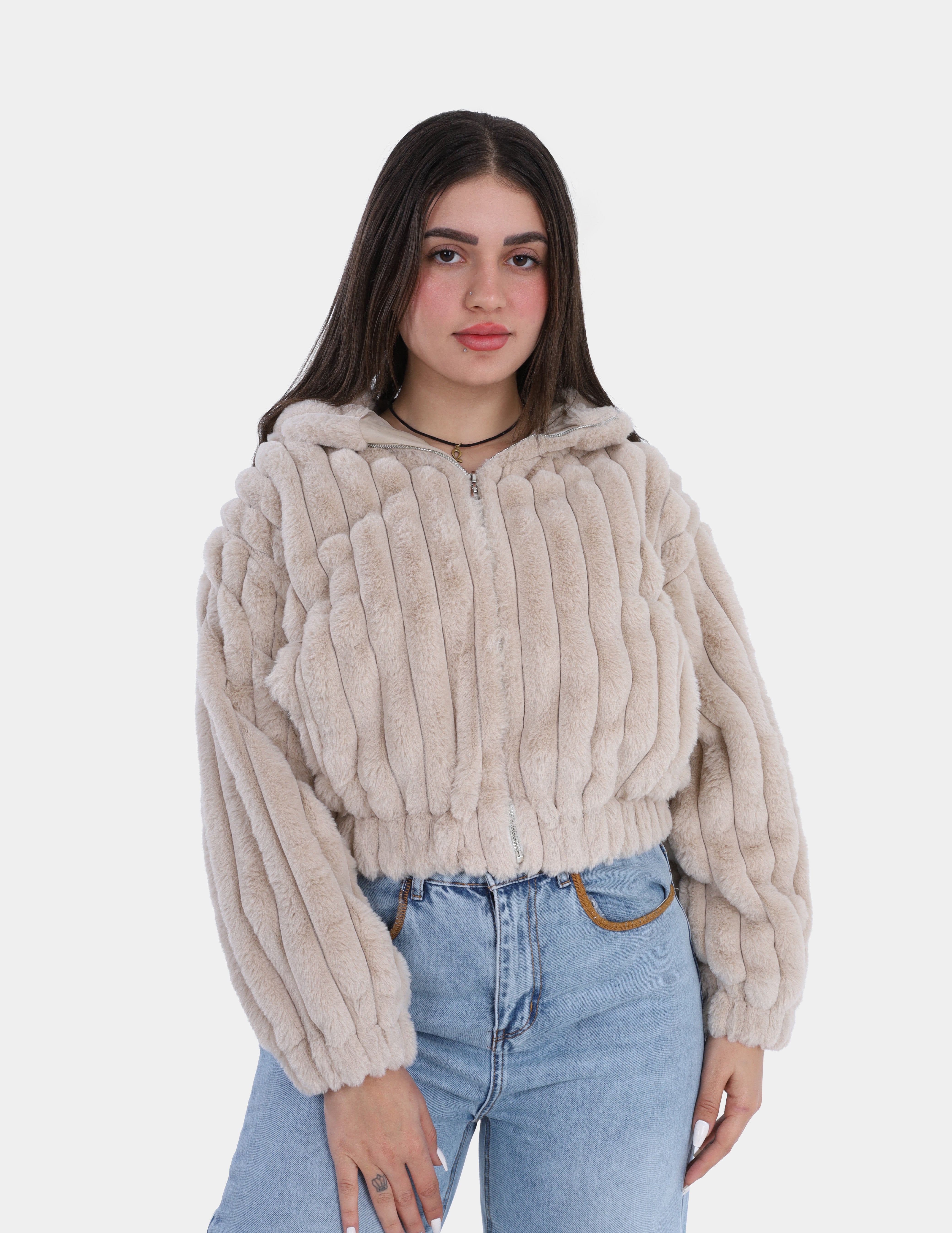 Textured Faux Fur Zip-Up Hoodie Jacket w1698201