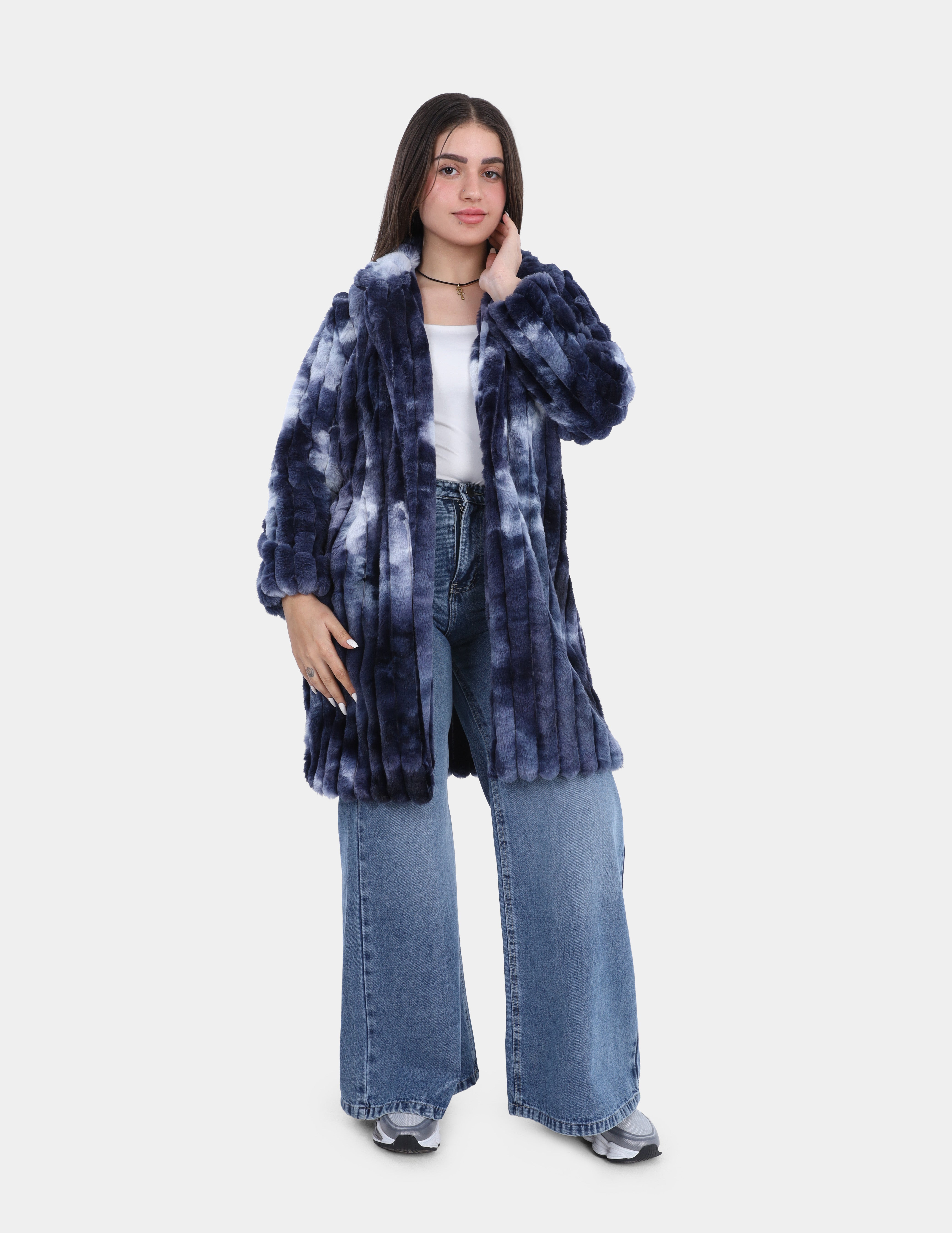 Vertical Ribbed Faux Fur Colorful Hooded Coat w1698225