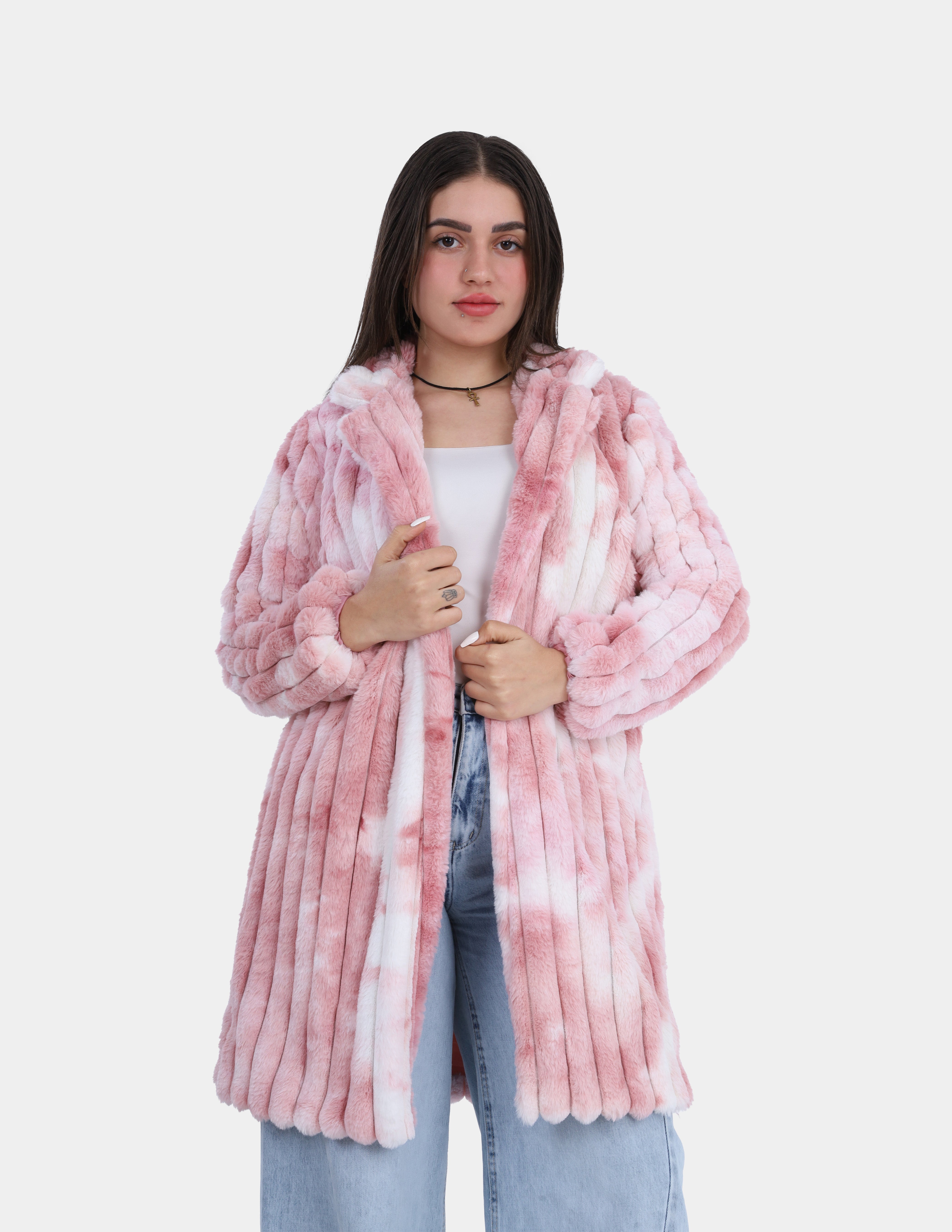 Vertical Ribbed Faux Fur Colorful Hooded Coat w1698225