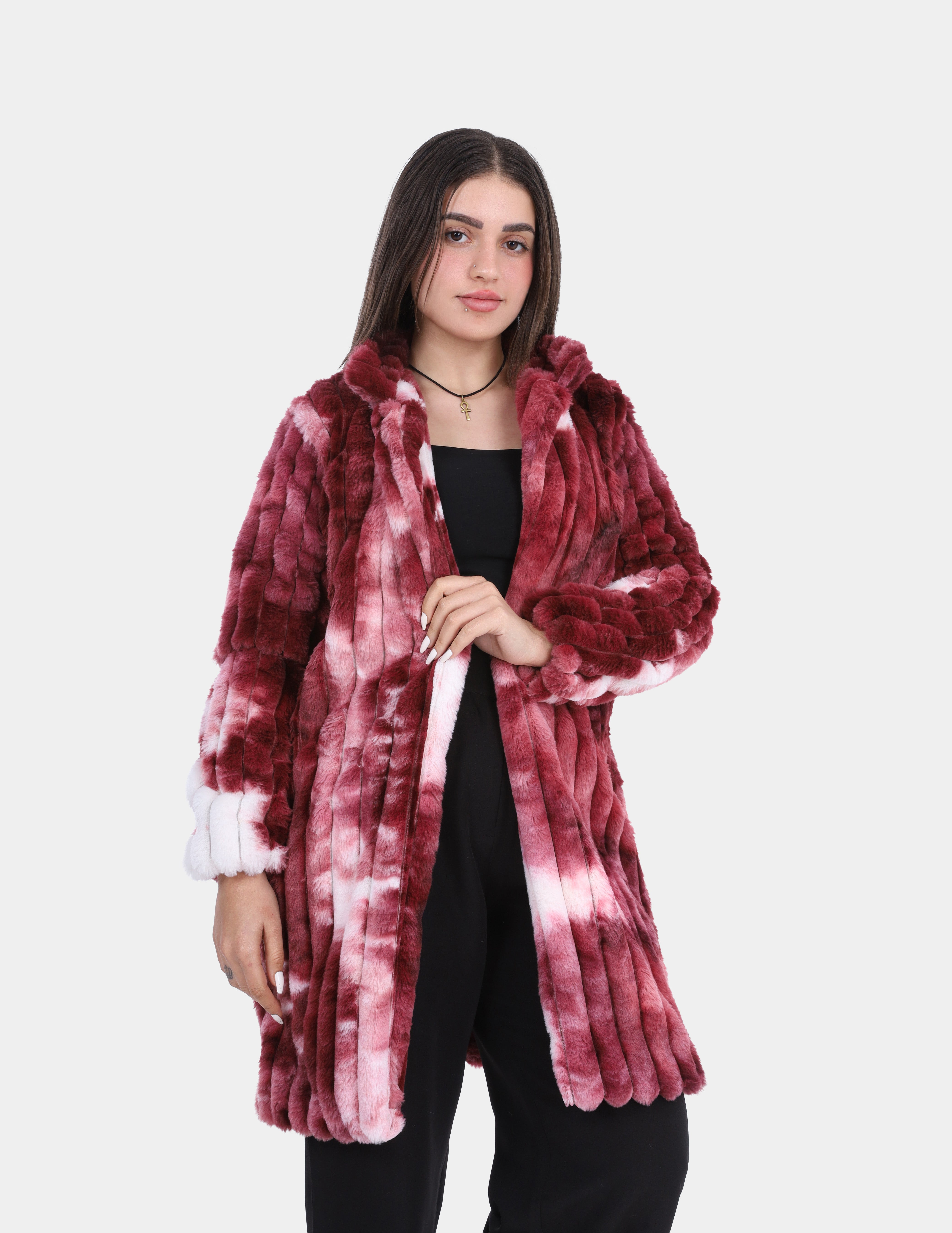 Vertical Ribbed Faux Fur Colorful Hooded Coat w1698225