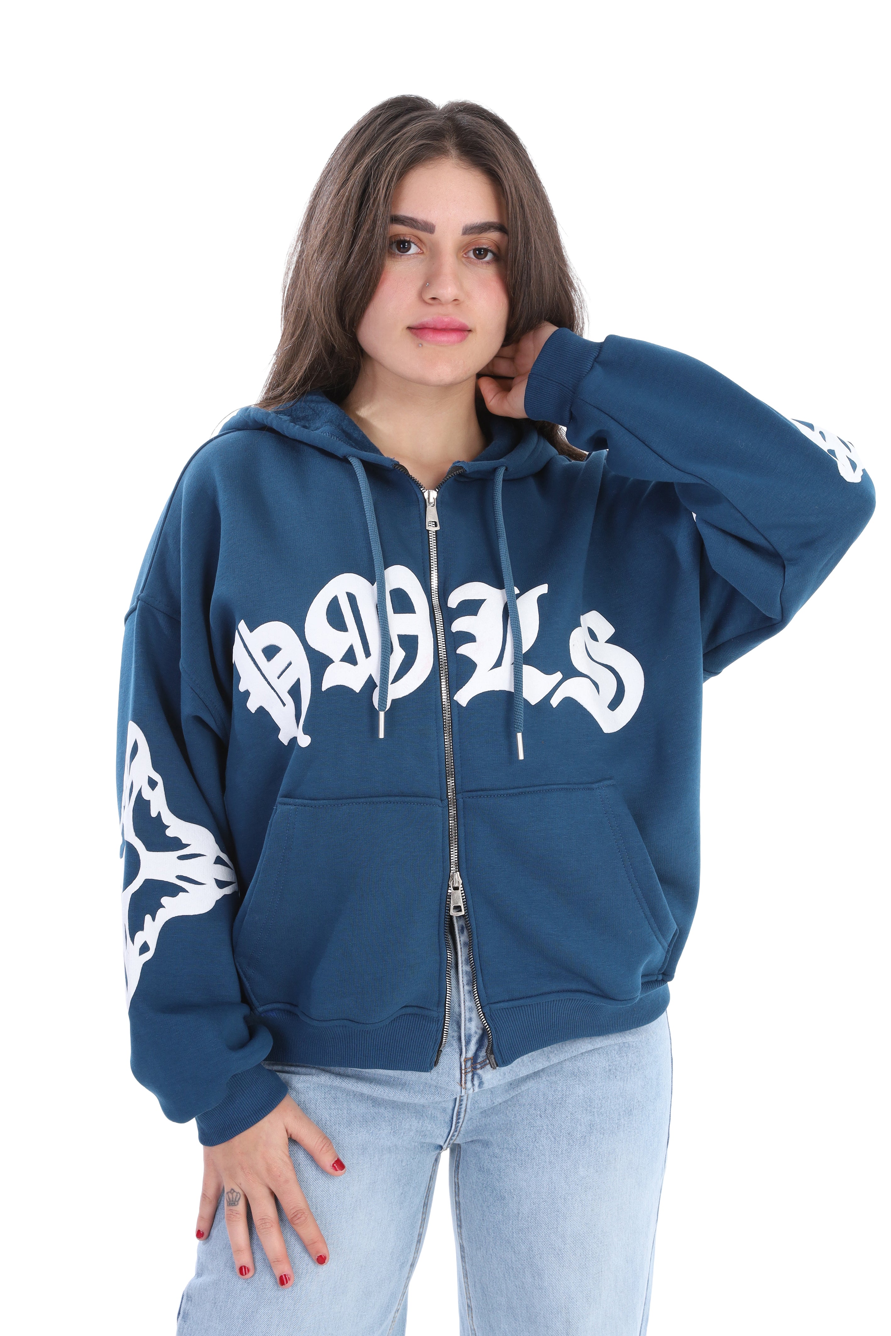 Oversized Graphic Zip-Up Hoodie with Butterfly Print w1700W283/1