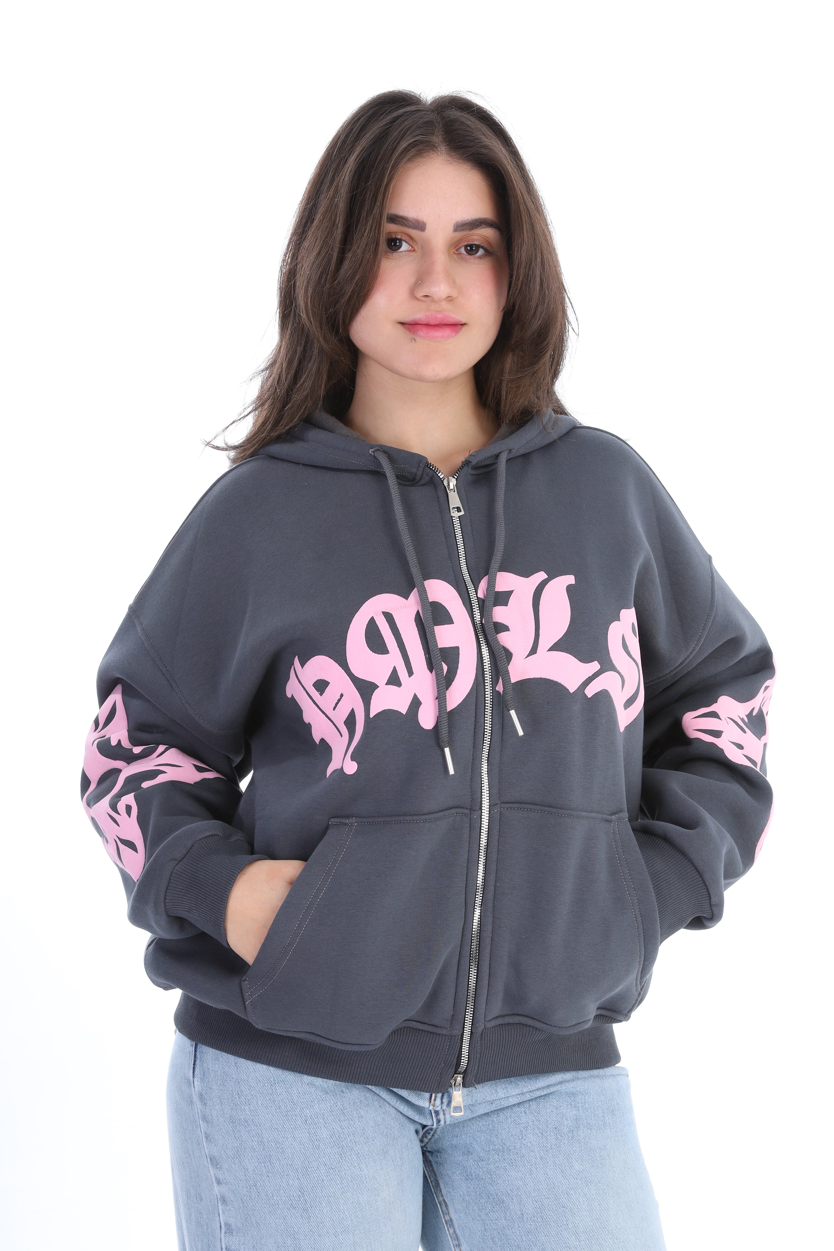 Oversized Graphic Zip-Up Hoodie with Butterfly Print w1700W283/1