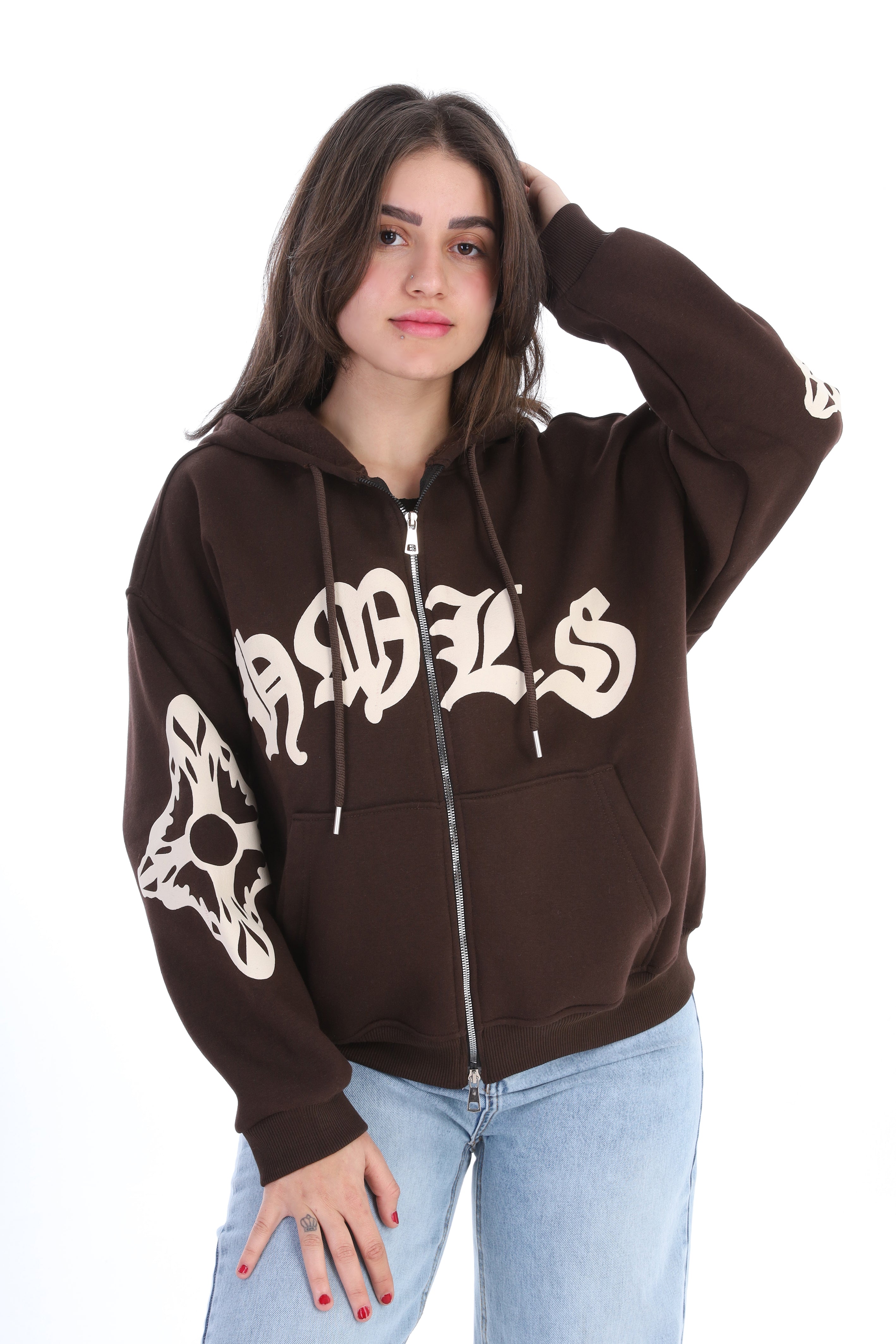 Oversized Graphic Zip-Up Hoodie with Butterfly Print w1700W283/1