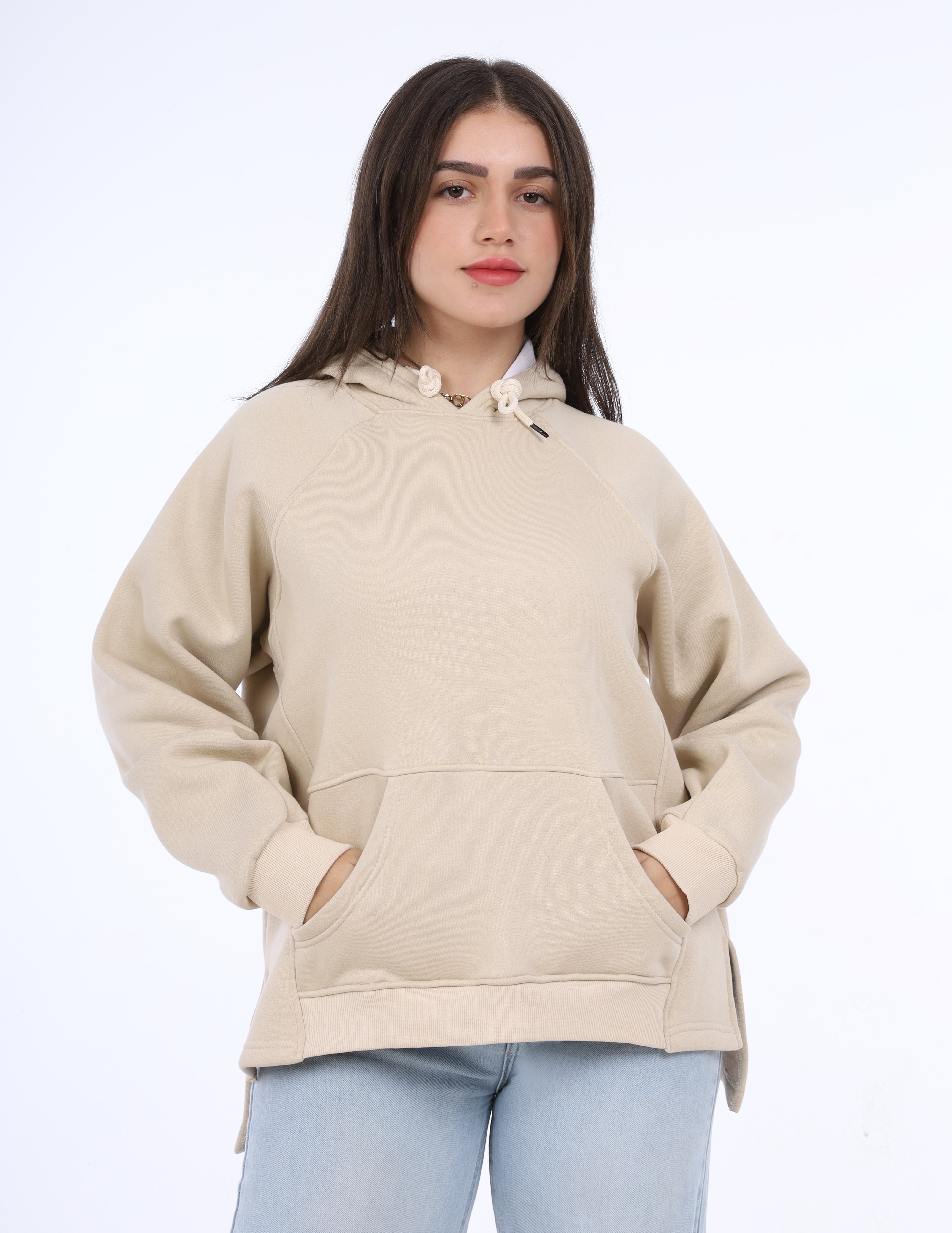 Asymmetric Hem Plain Hoodie w17018608