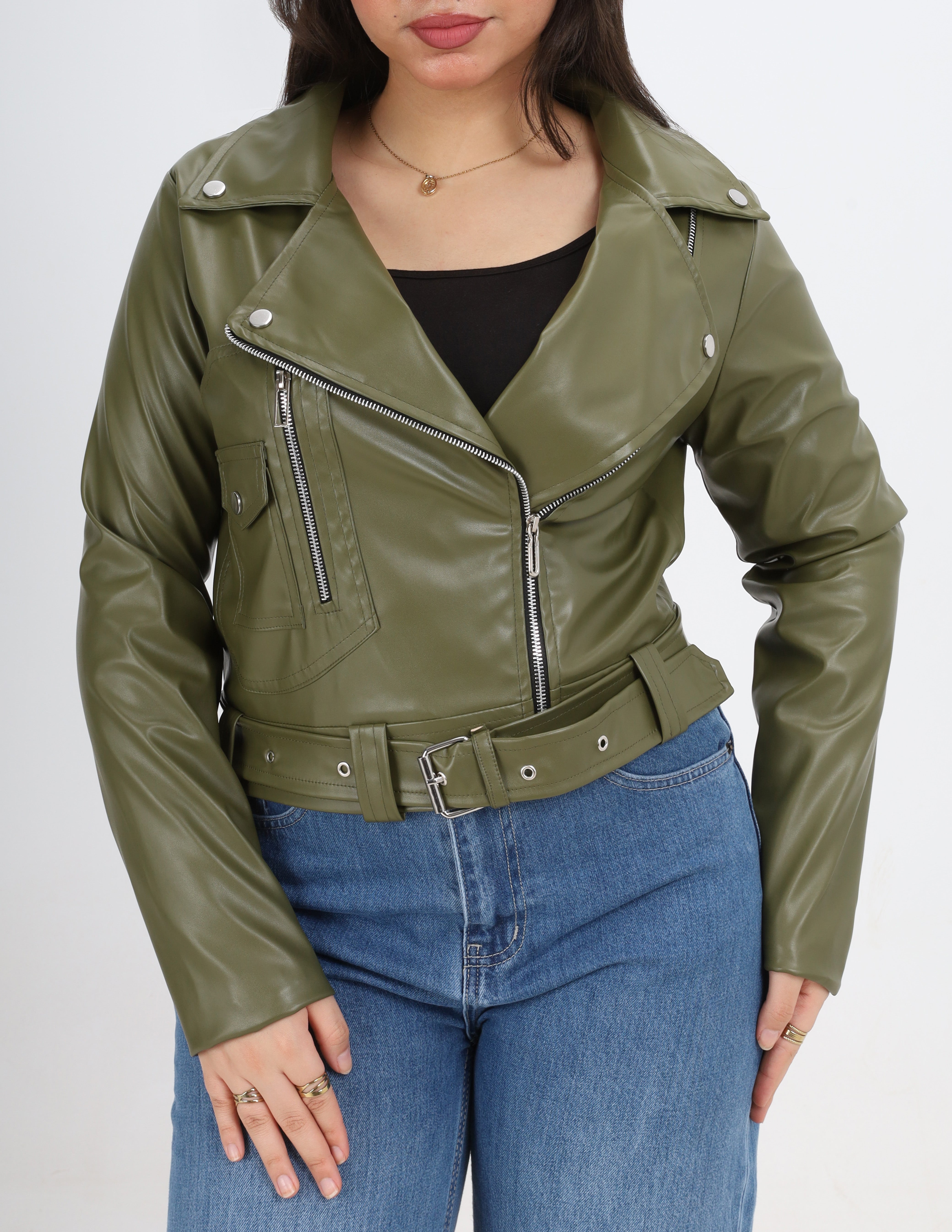 Faux Leather Jacket with Belt w17025055