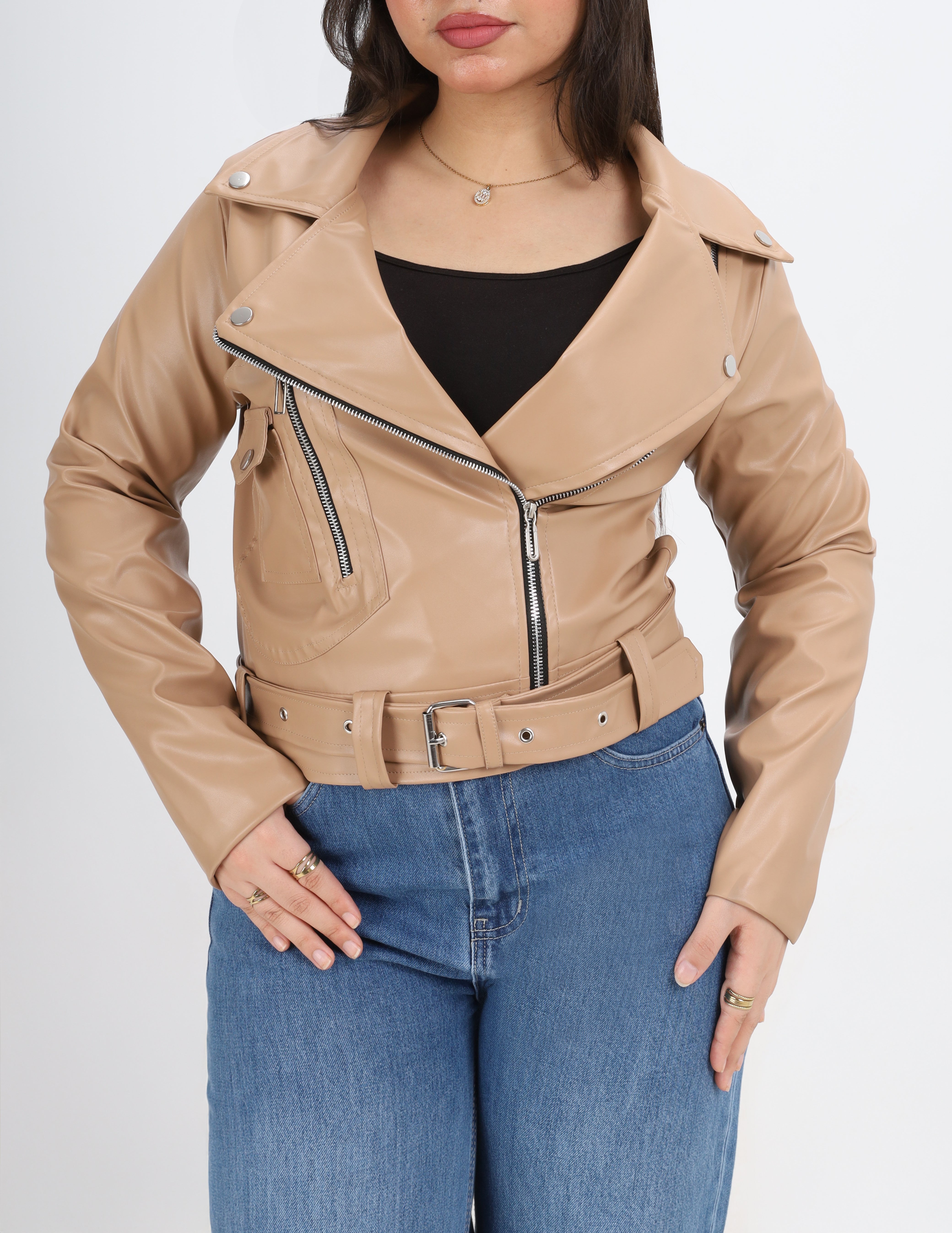 Faux Leather Jacket with Belt w17025055