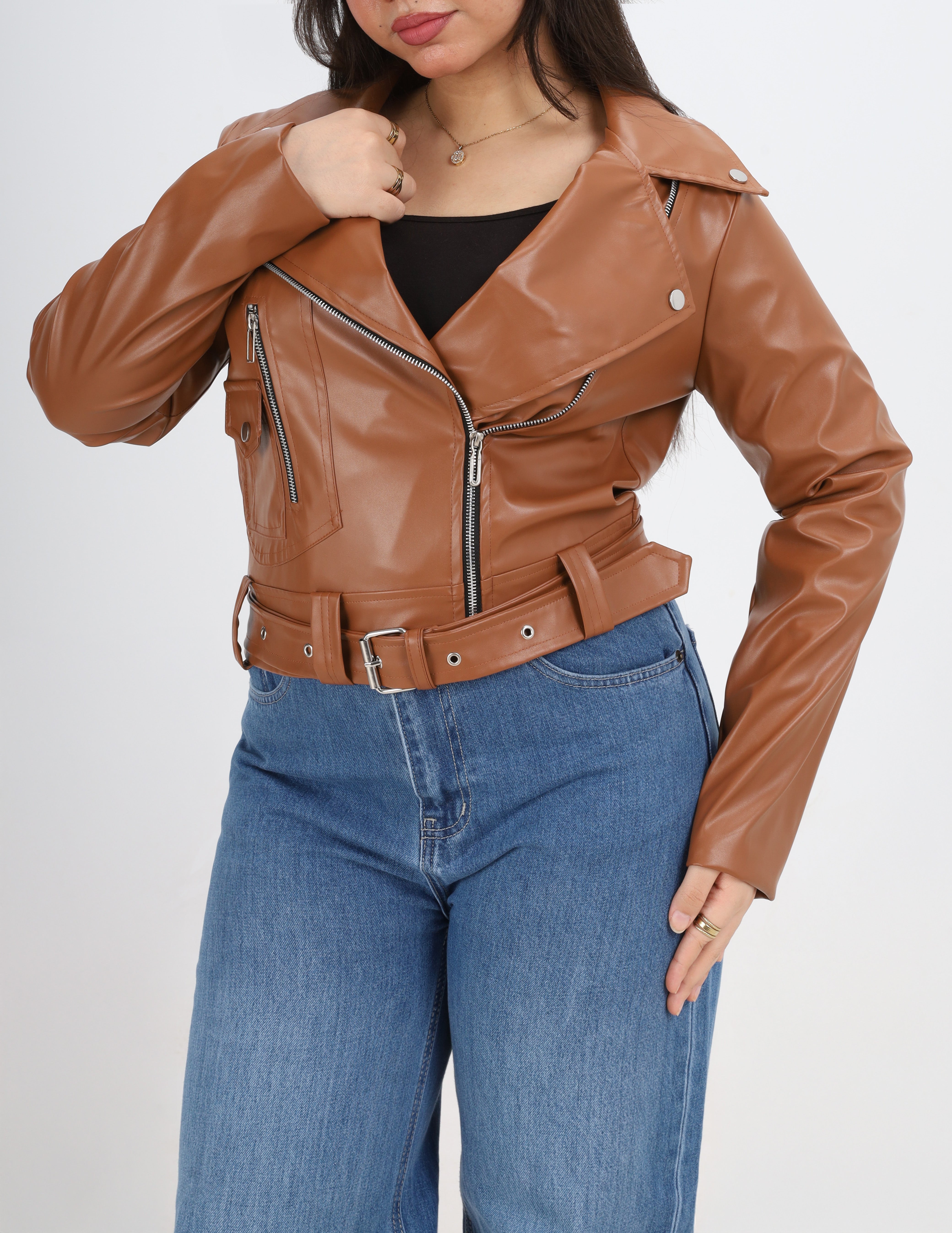 Faux Leather Jacket with Belt w17025055