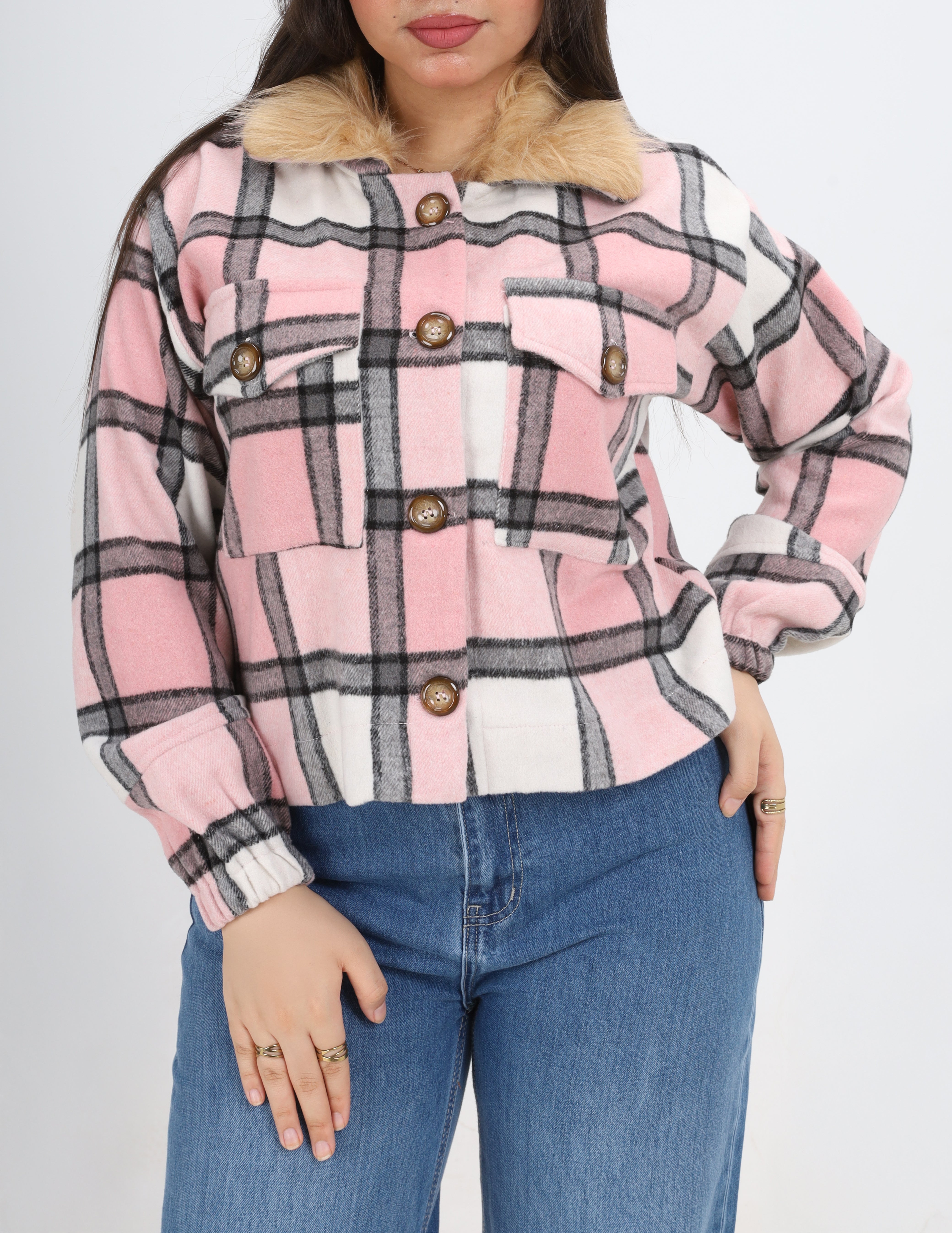 Short Plaid Shirt with Faux Fur Collar w17025060/1