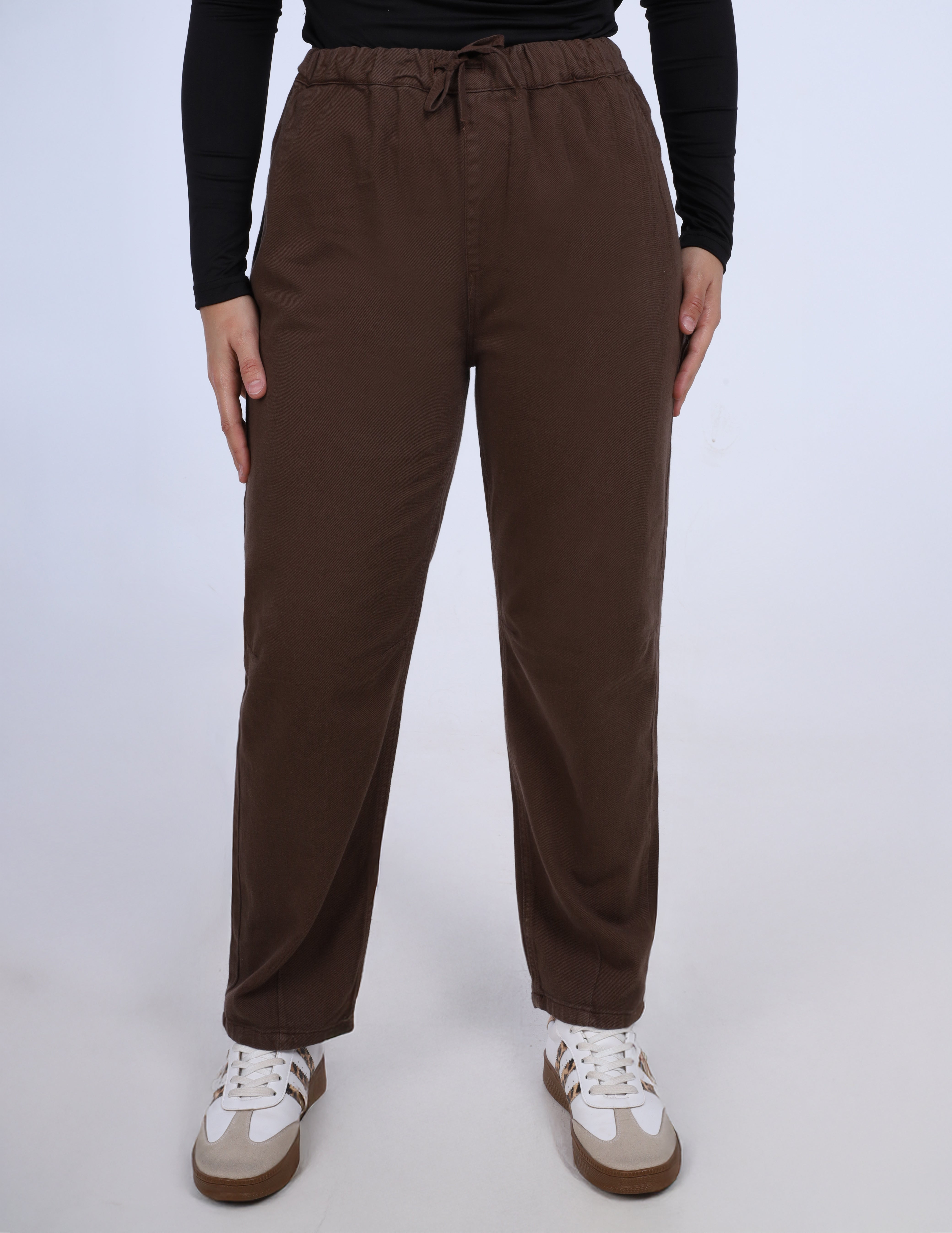 Brown Regular Fit Pants with Elastic Waist w1706772