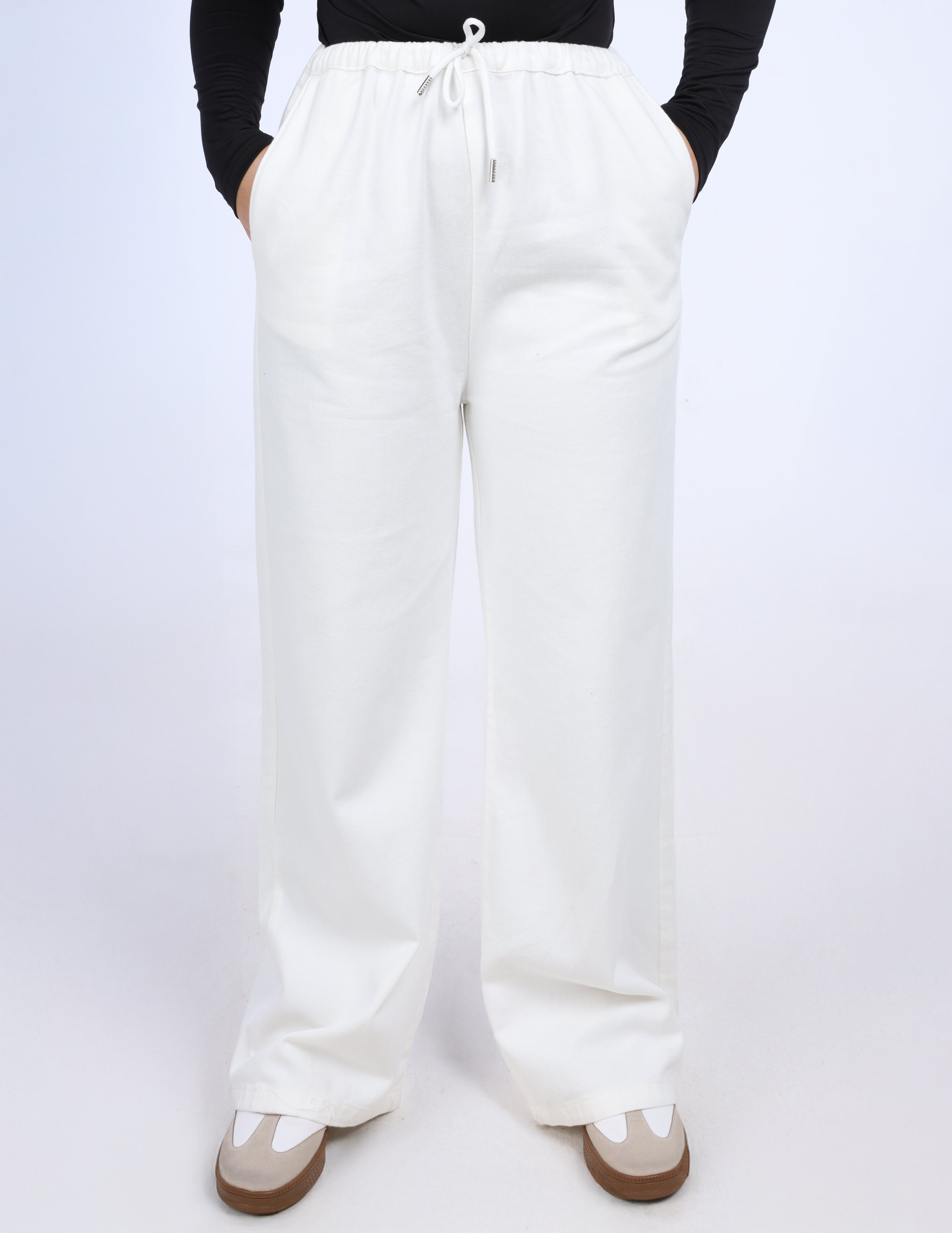White Regular Fit Pants with Elastic Waist w1706774
