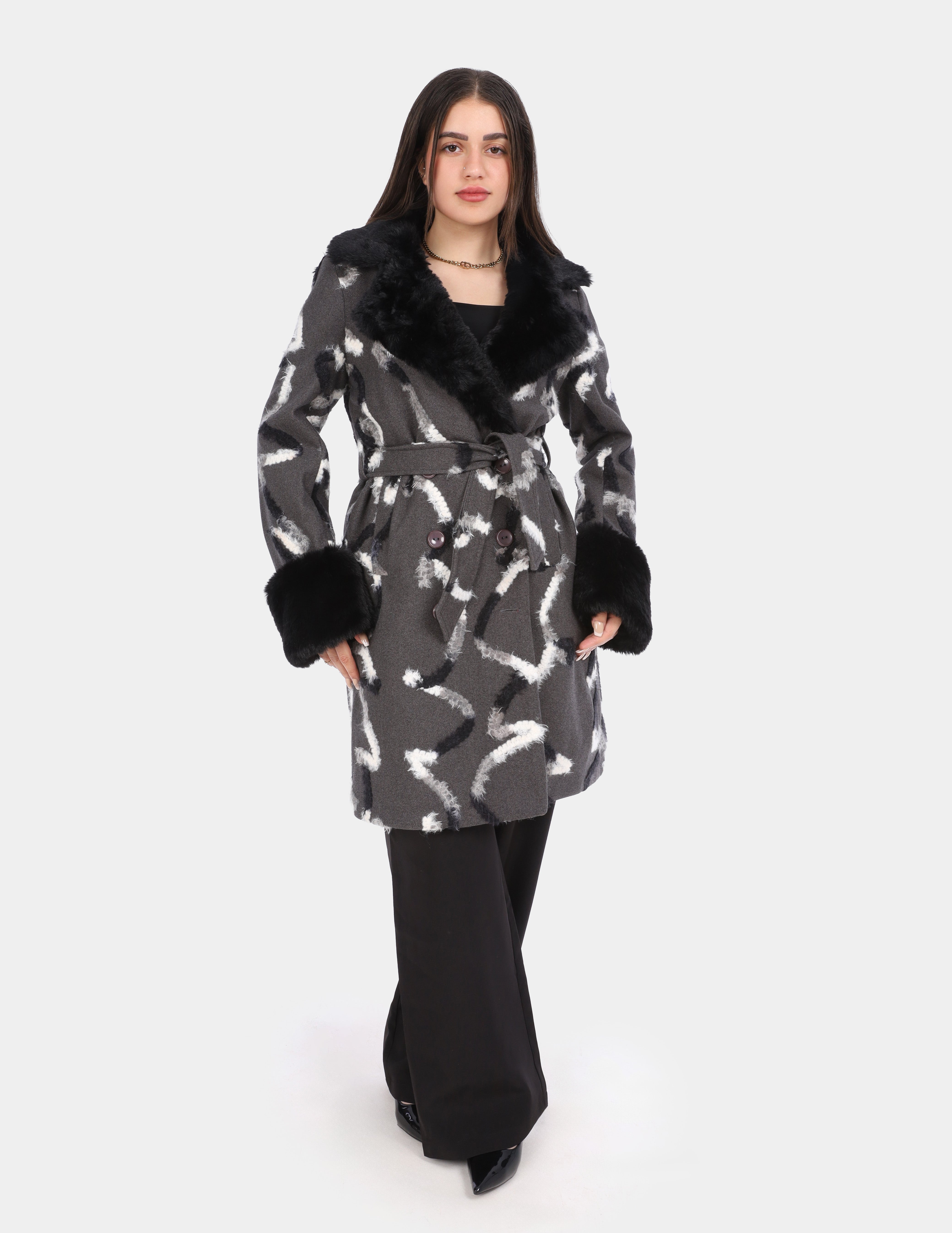 Abstract Print Faux Fur Trim Belted Coat  w17201094