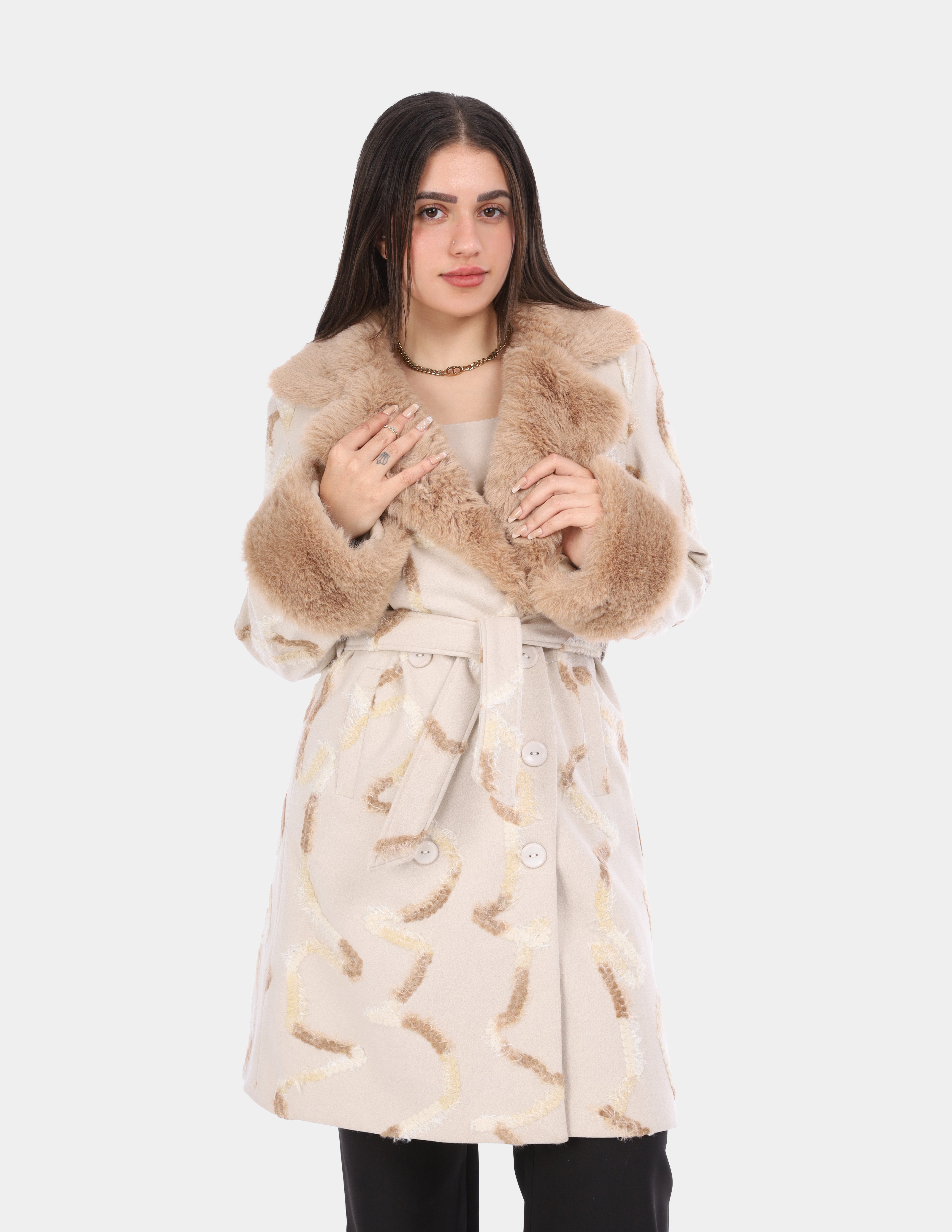 Abstract Print Faux Fur Trim Belted Coat  w17201094