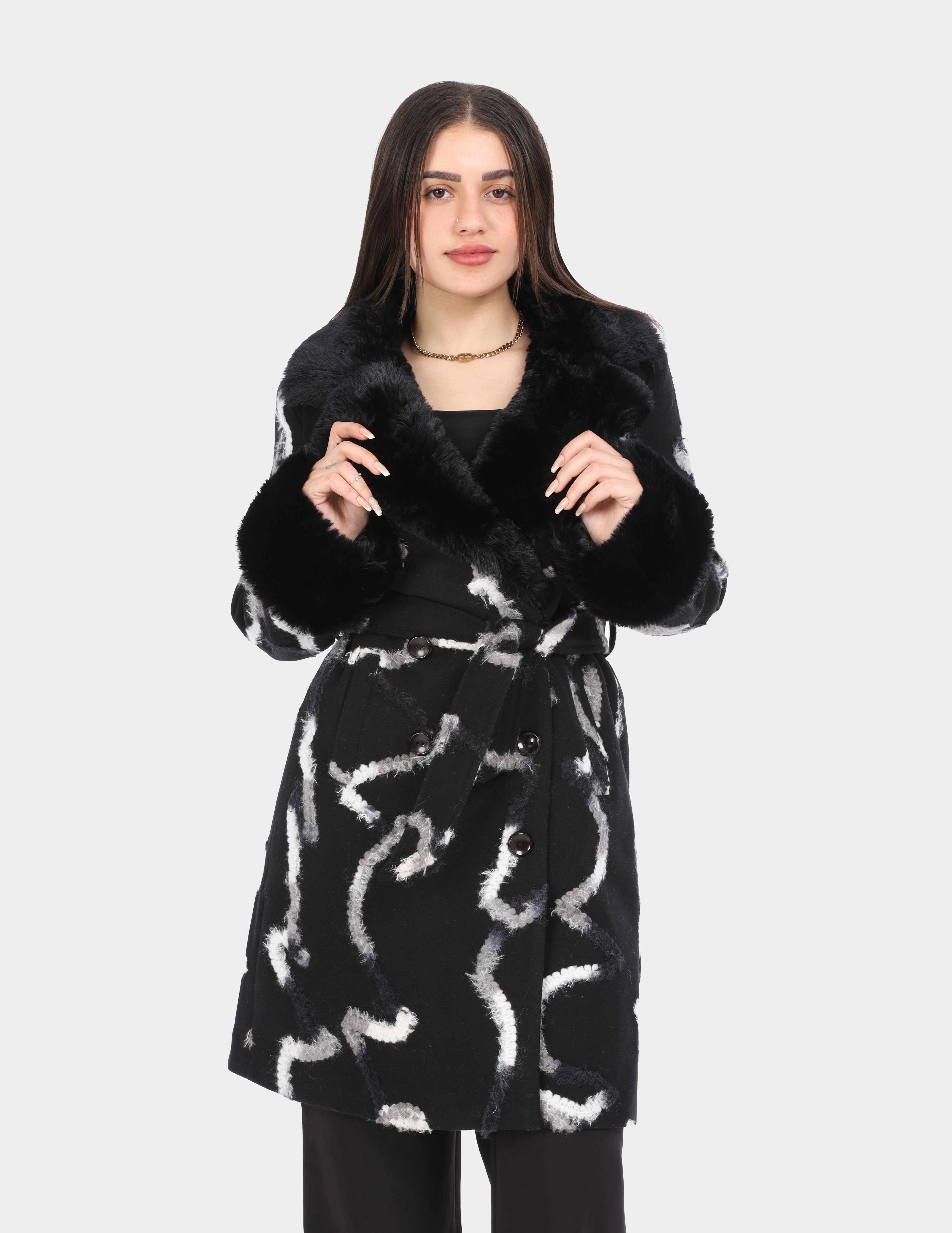 Abstract Print Faux Fur Trim Belted Coat  w17201094