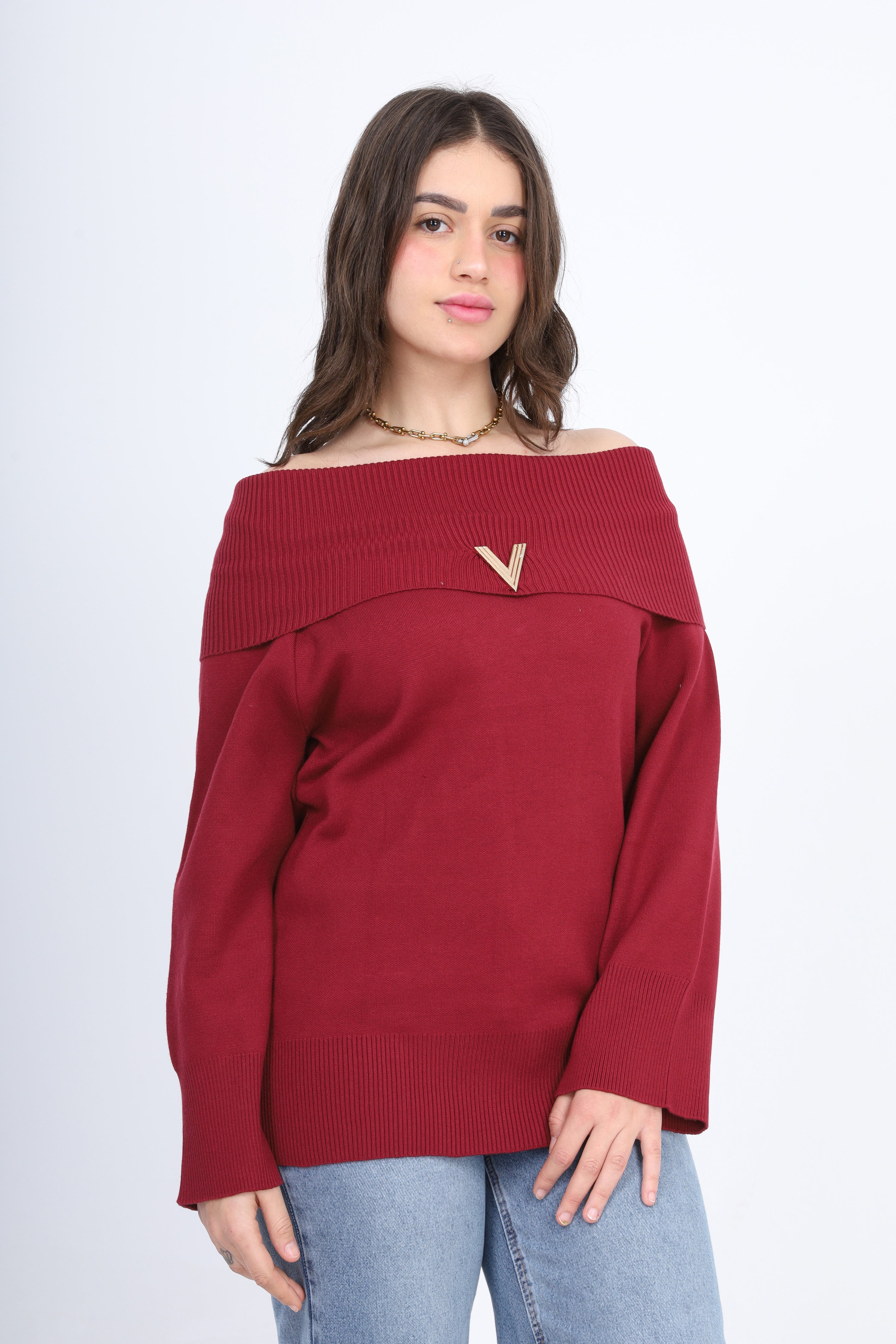 Off-Shoulder Knitted Pullover w17504020
