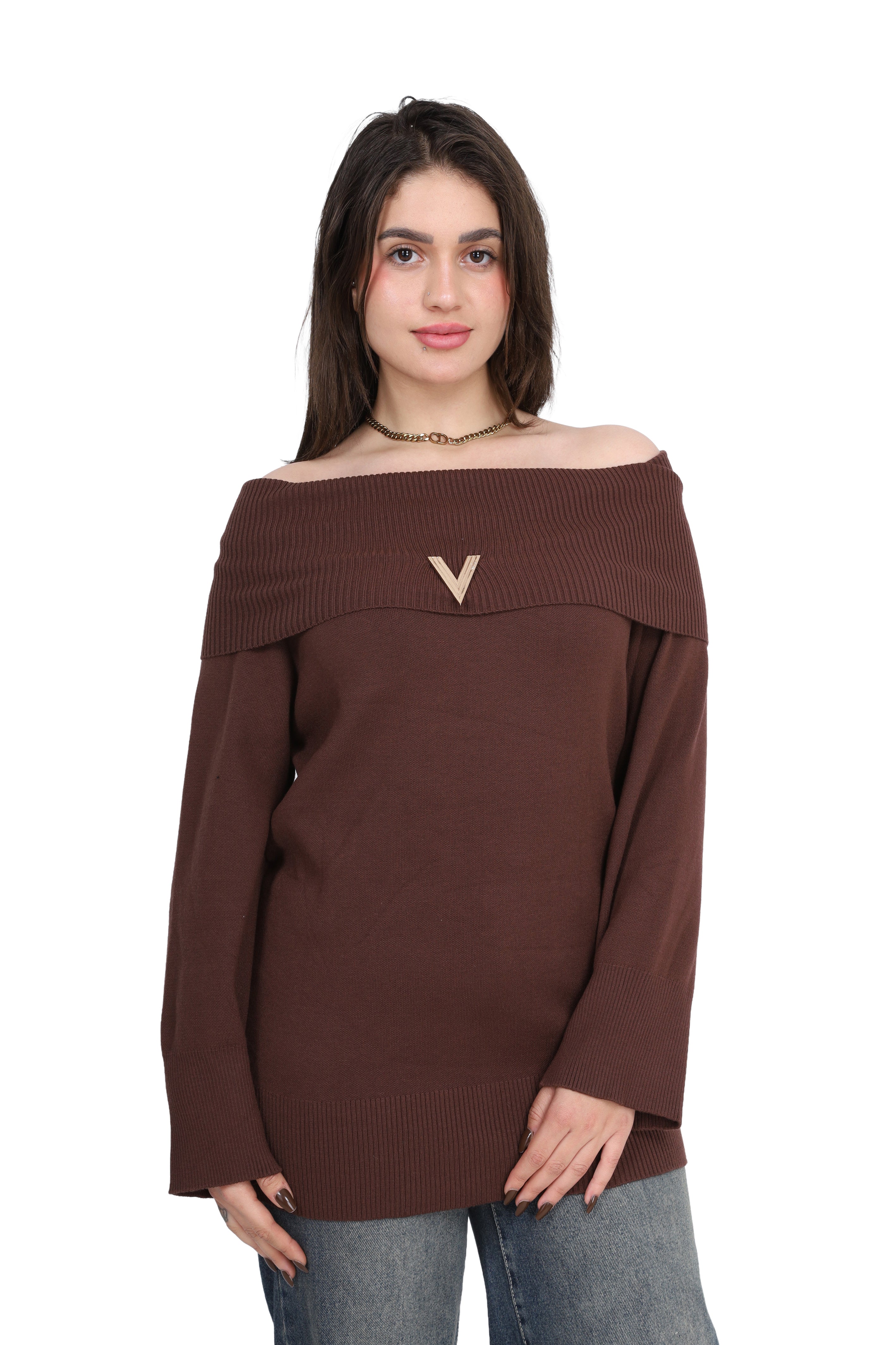 Off-Shoulder Knitted Pullover w17504020