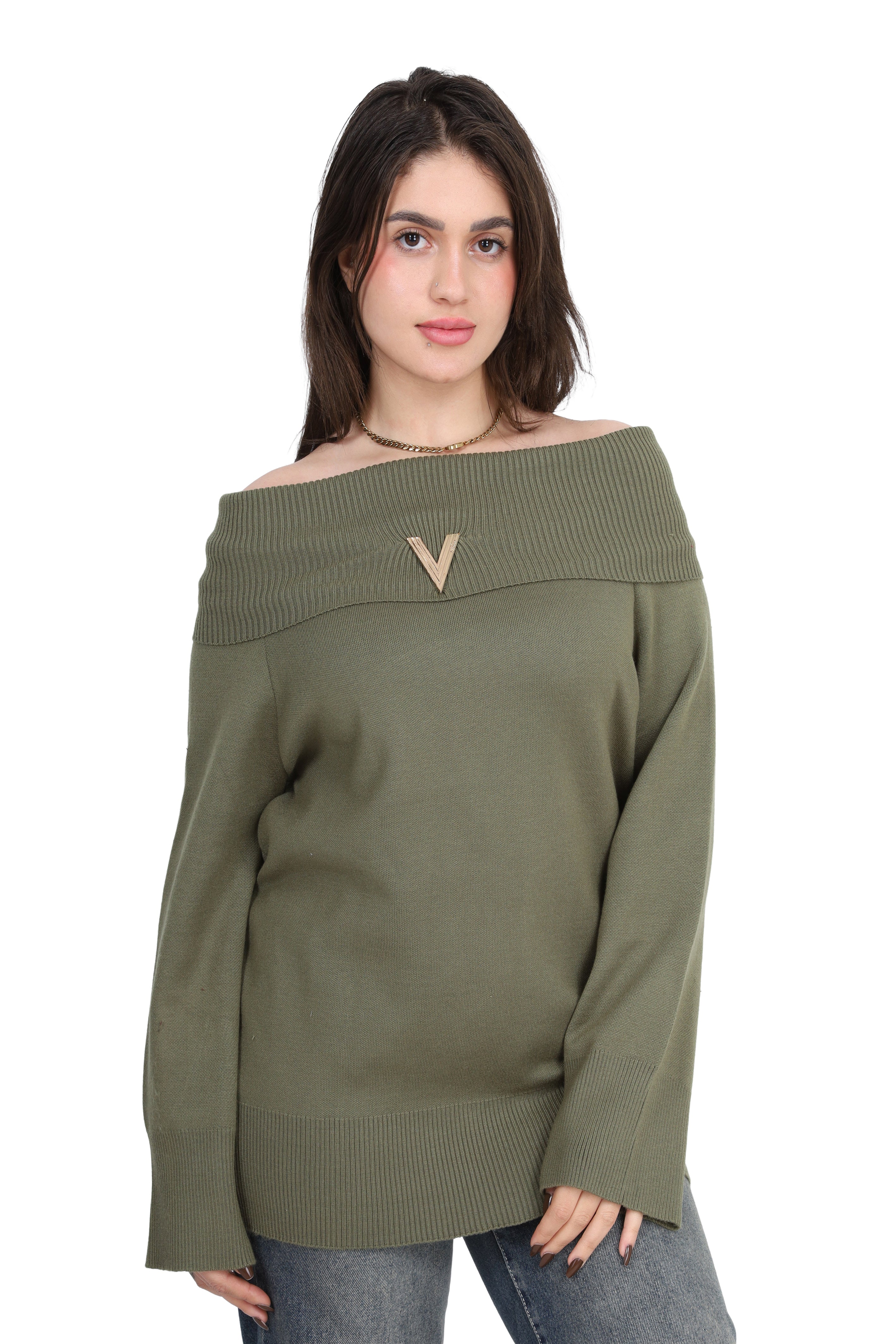 Off-Shoulder Knitted Pullover w17504020