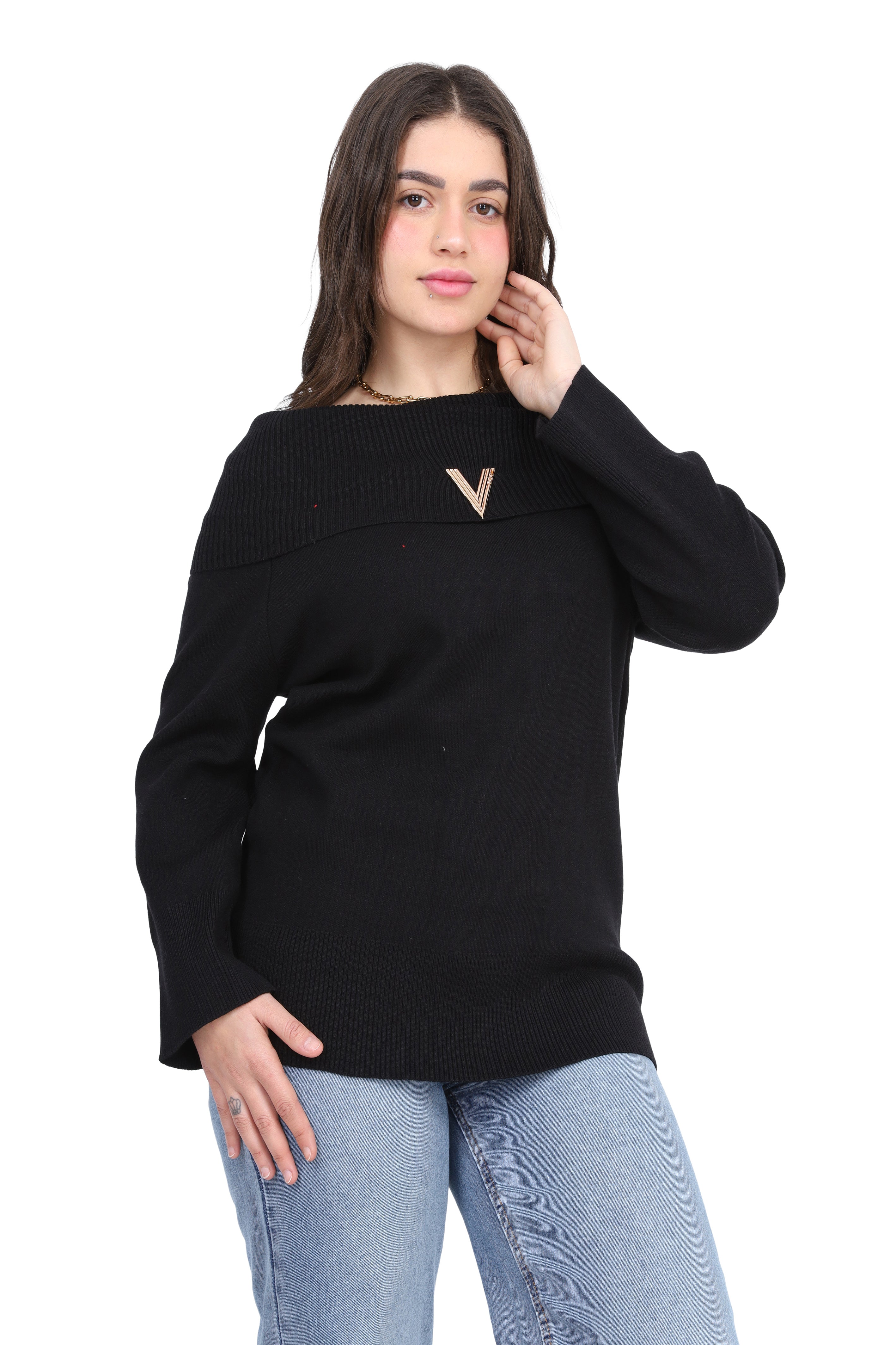 Off-Shoulder Knitted Pullover w17504020