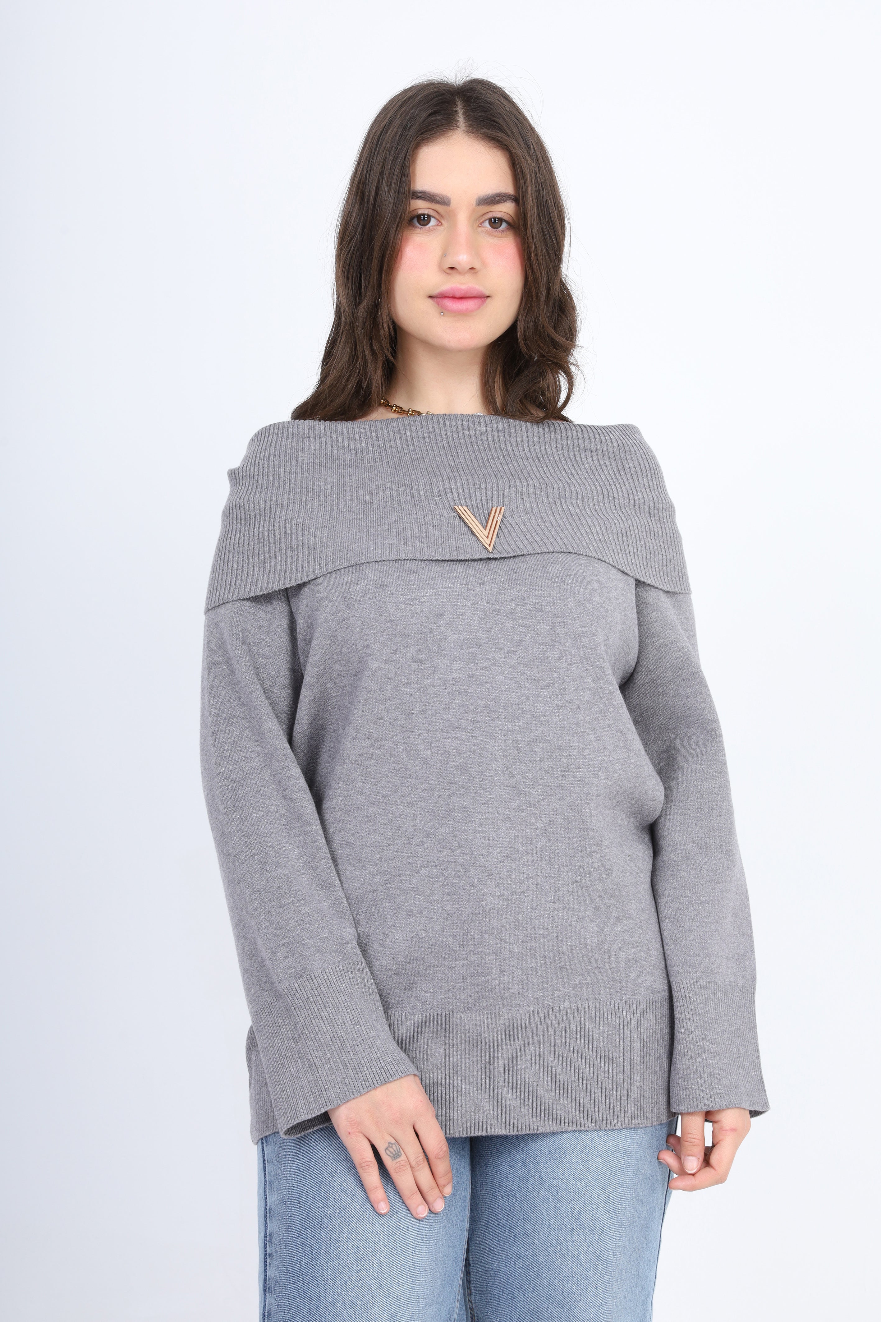 Off-Shoulder Knitted Pullover w17504020