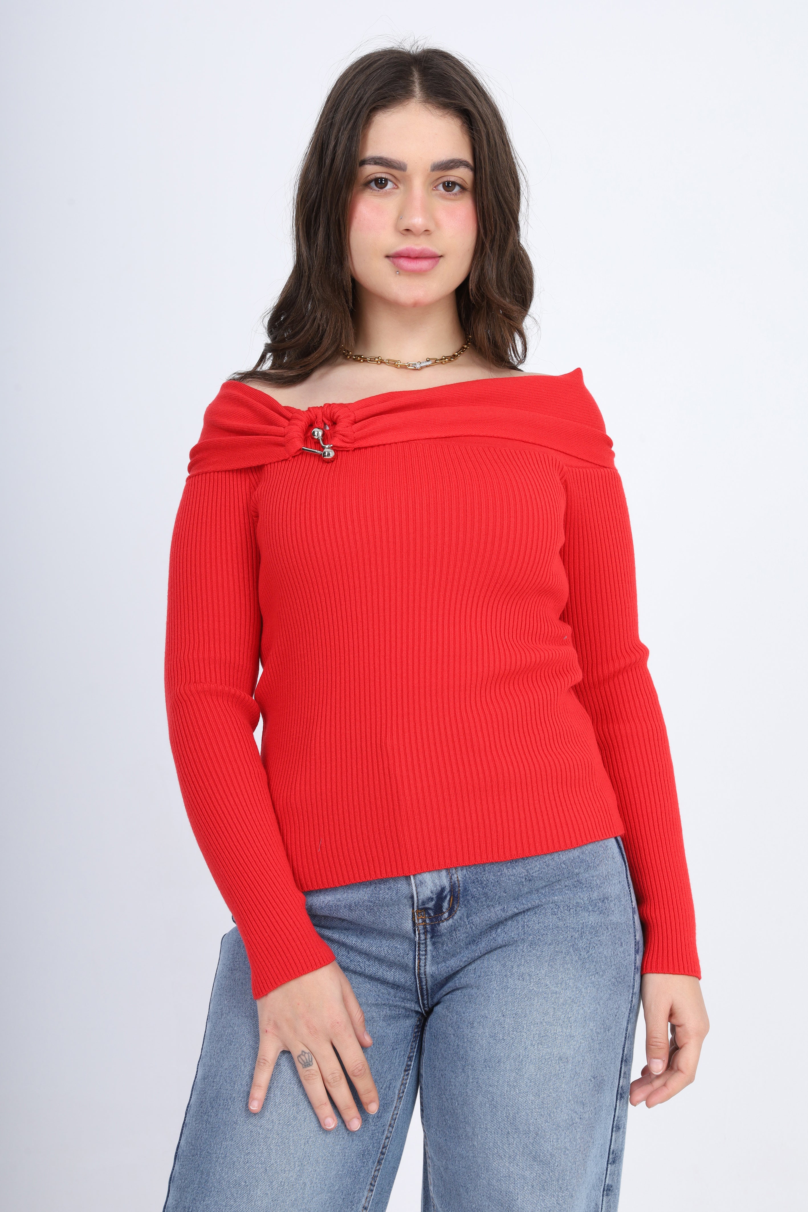 Off-Shoulder Knitted Sweater w17504029
