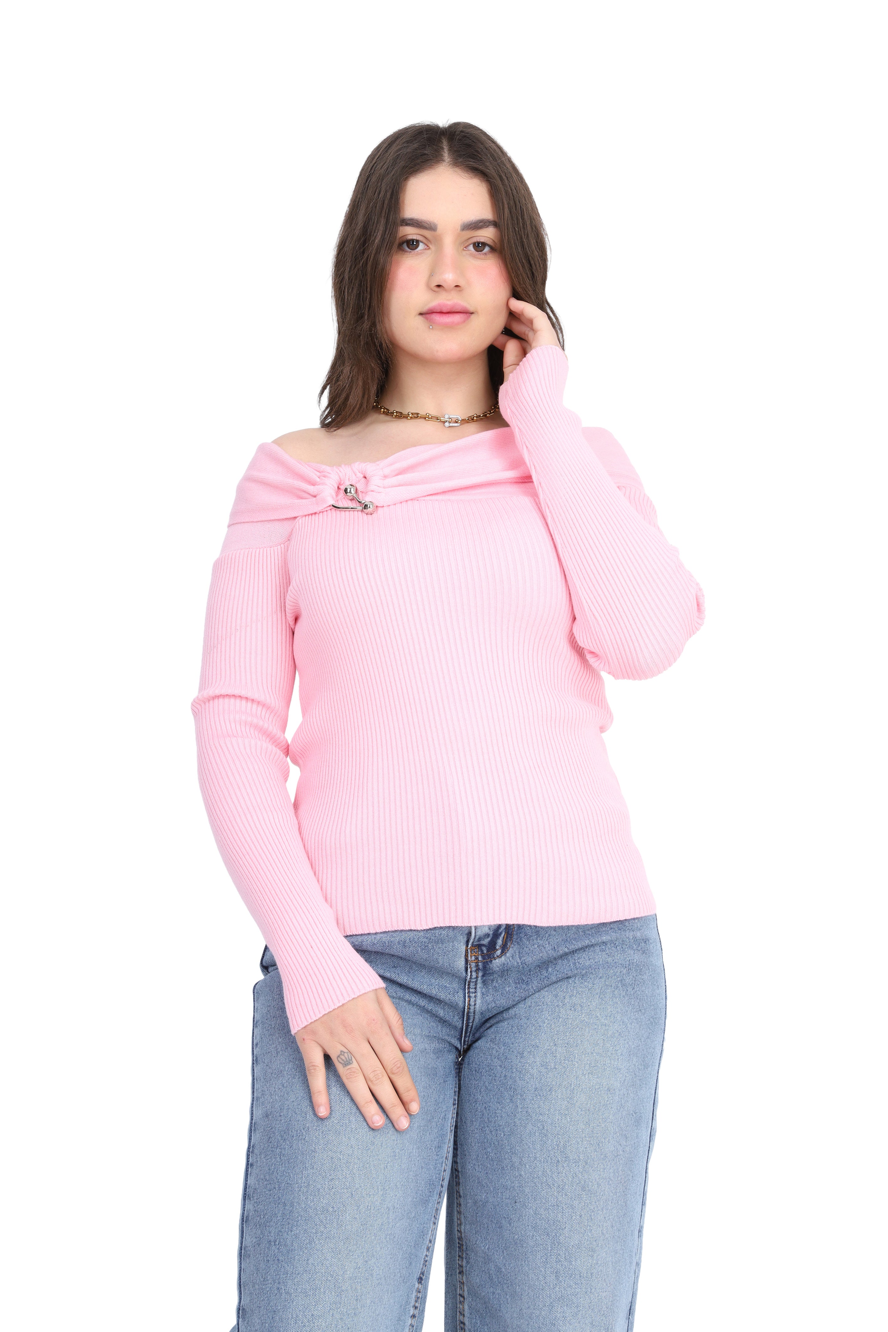 Off-Shoulder Knitted Sweater w17504029