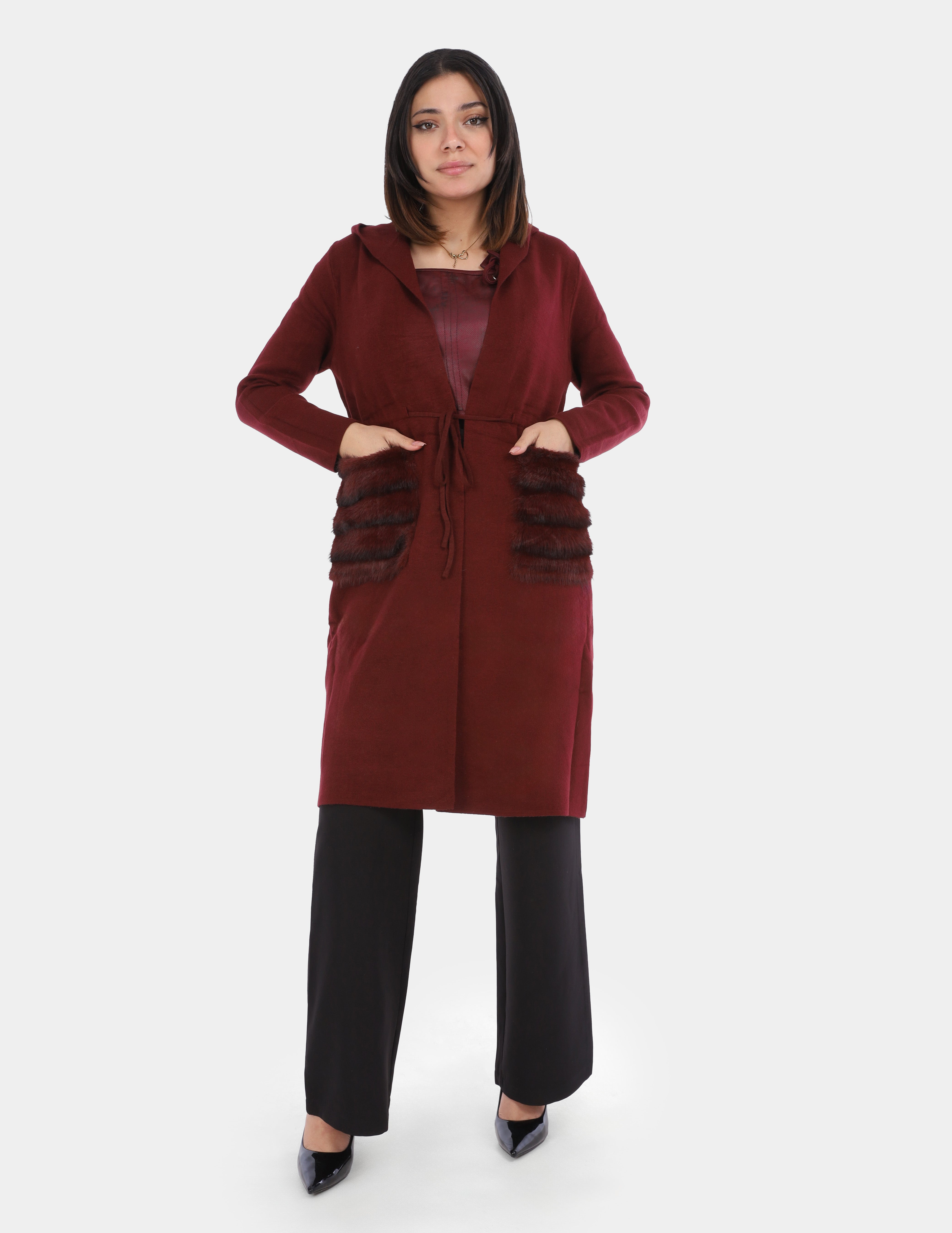 Hooded Fleece Cardigan with Faux Fur Pockets w1754a119