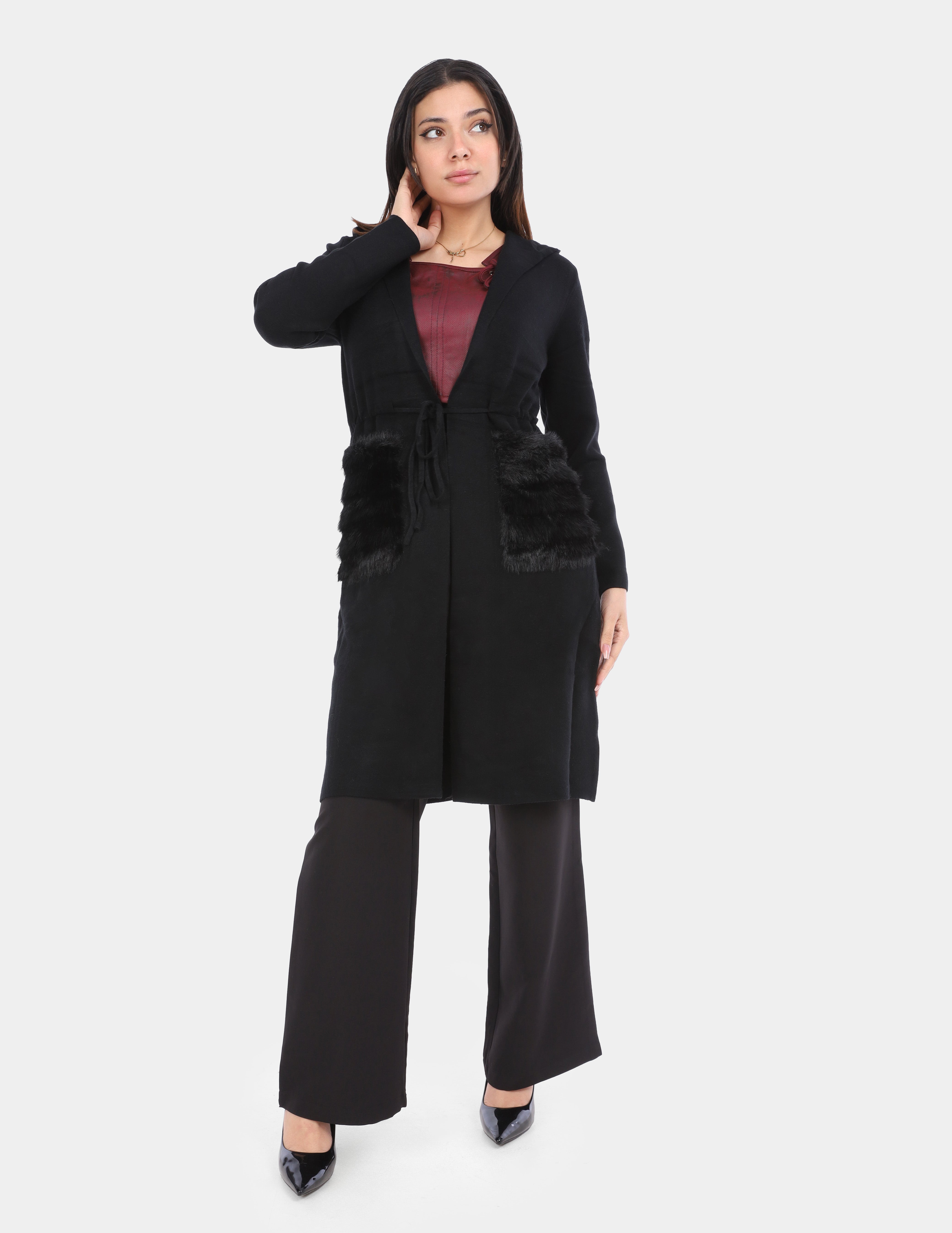 Hooded Fleece Cardigan with Faux Fur Pockets w1754a119