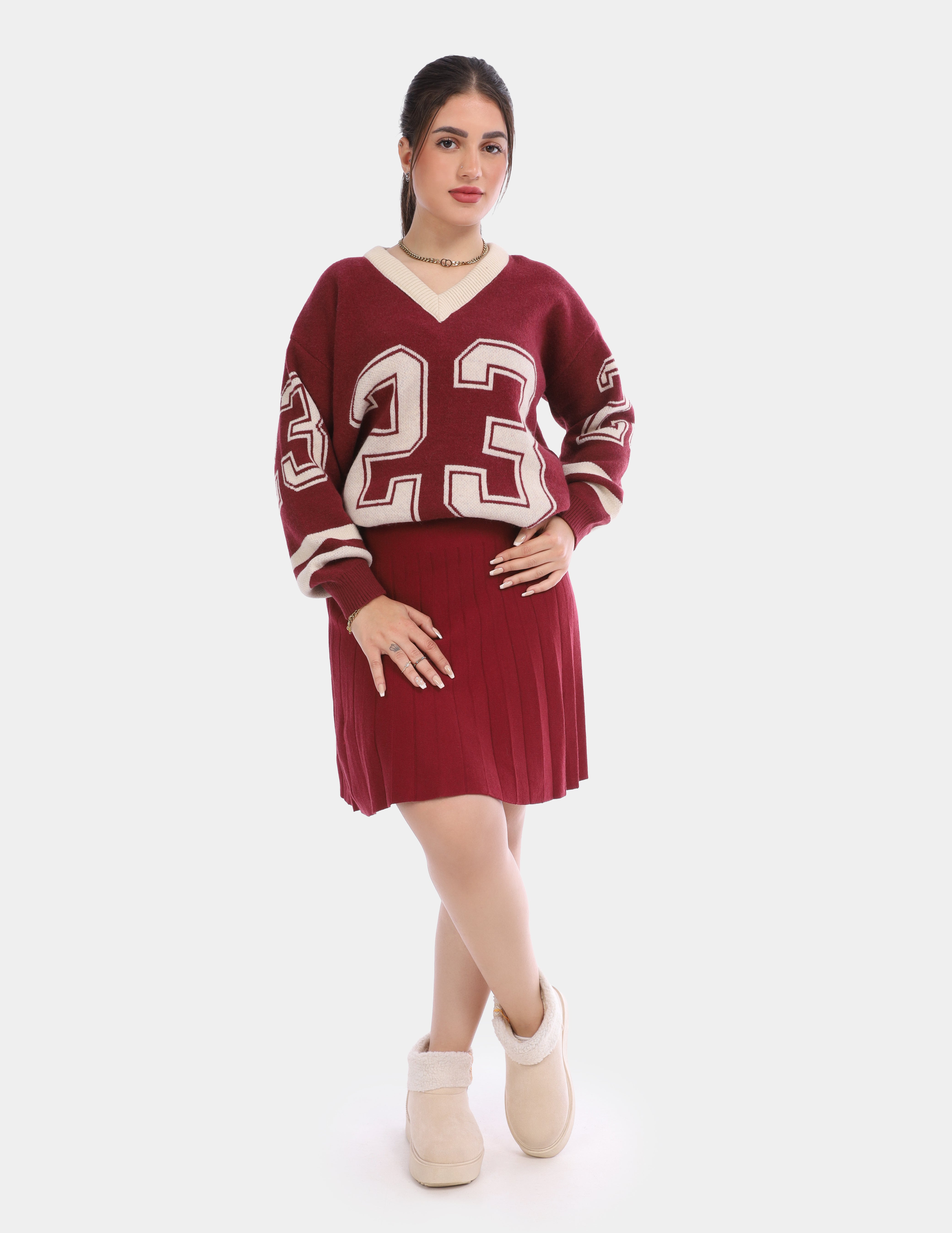 V-Neck Number Print Knit Sweater w830267