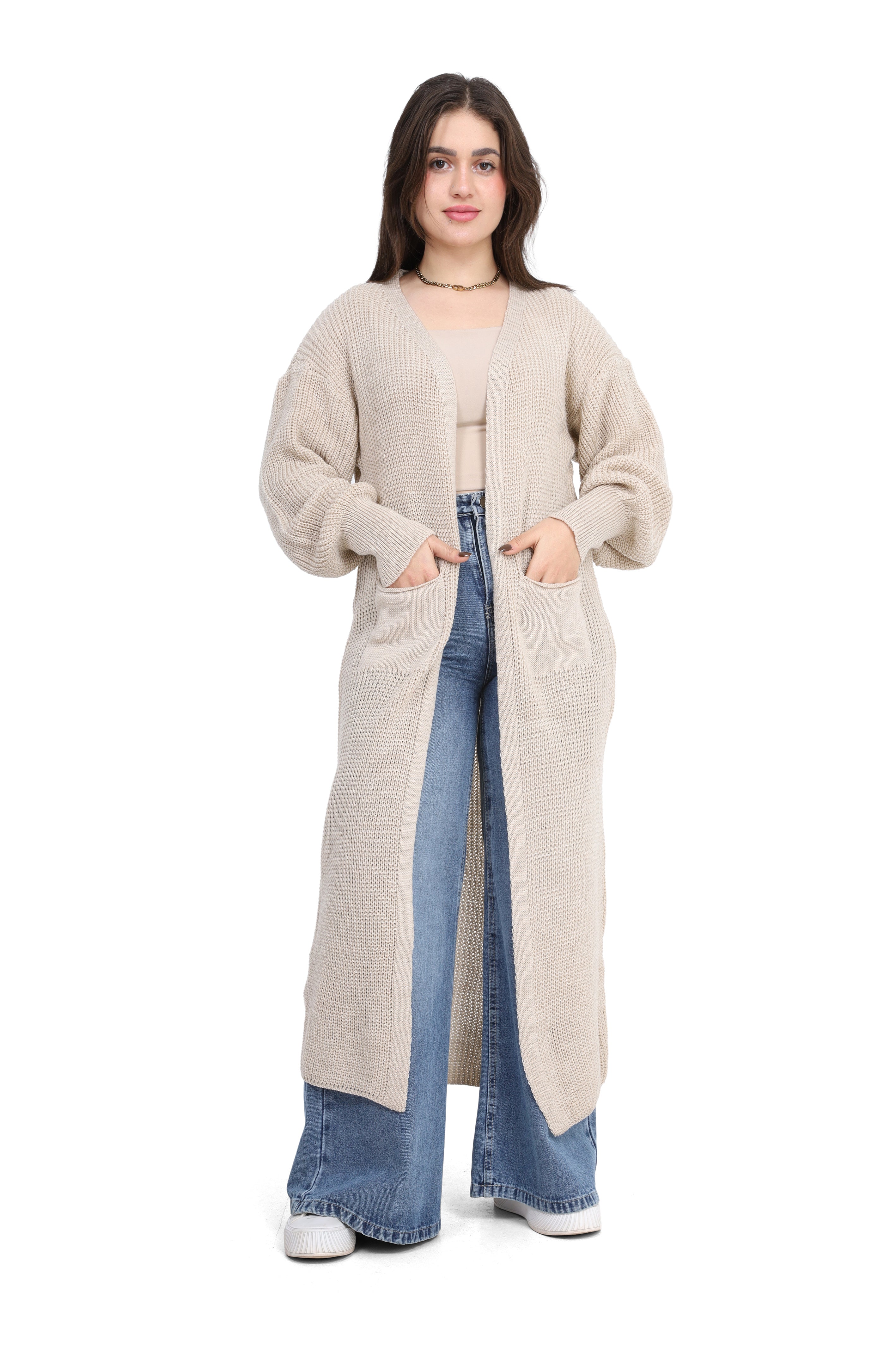 Open-Front Knit Cardigan with Pockets w830604