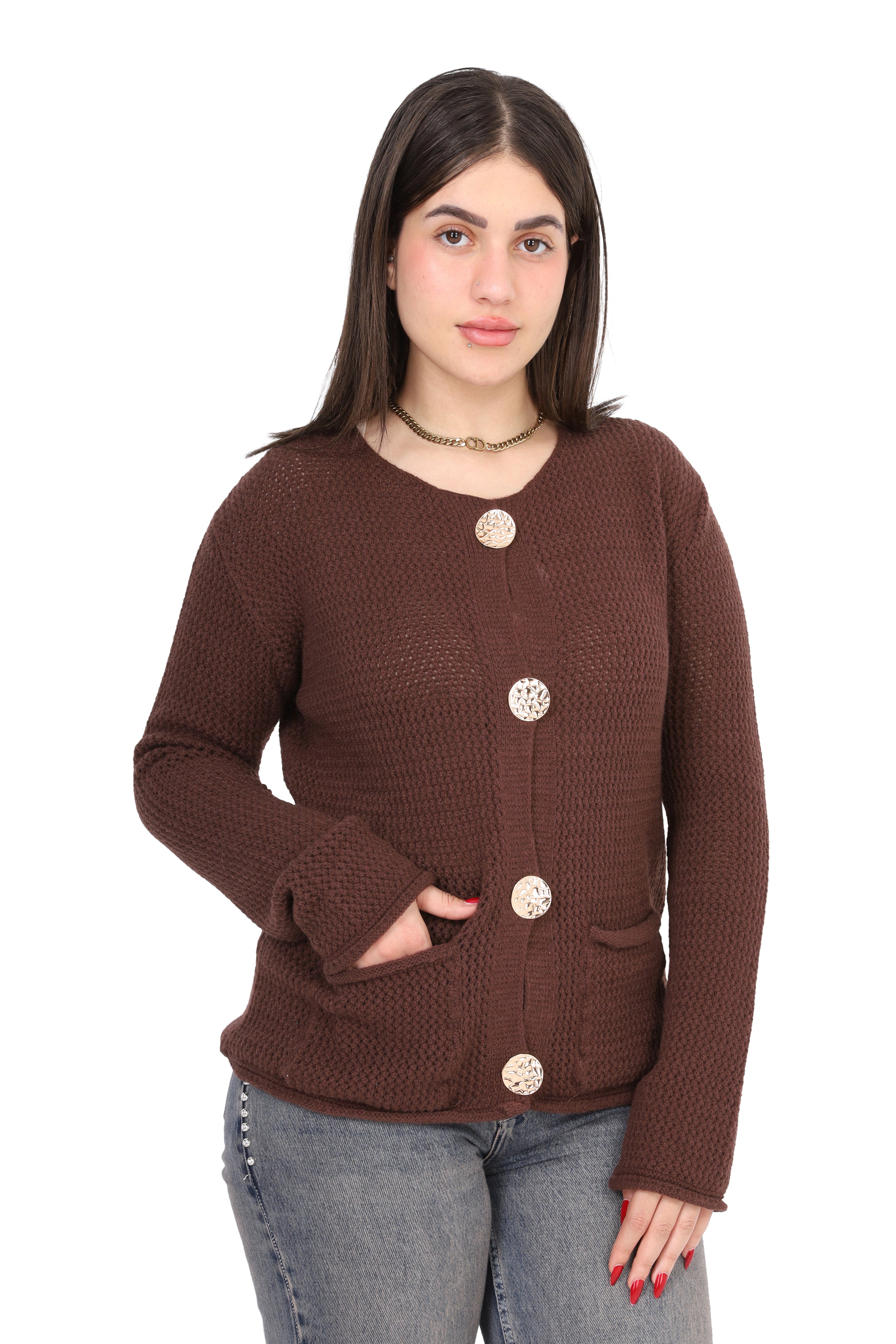 Knit Cardigan with Statement Buttons w995J002