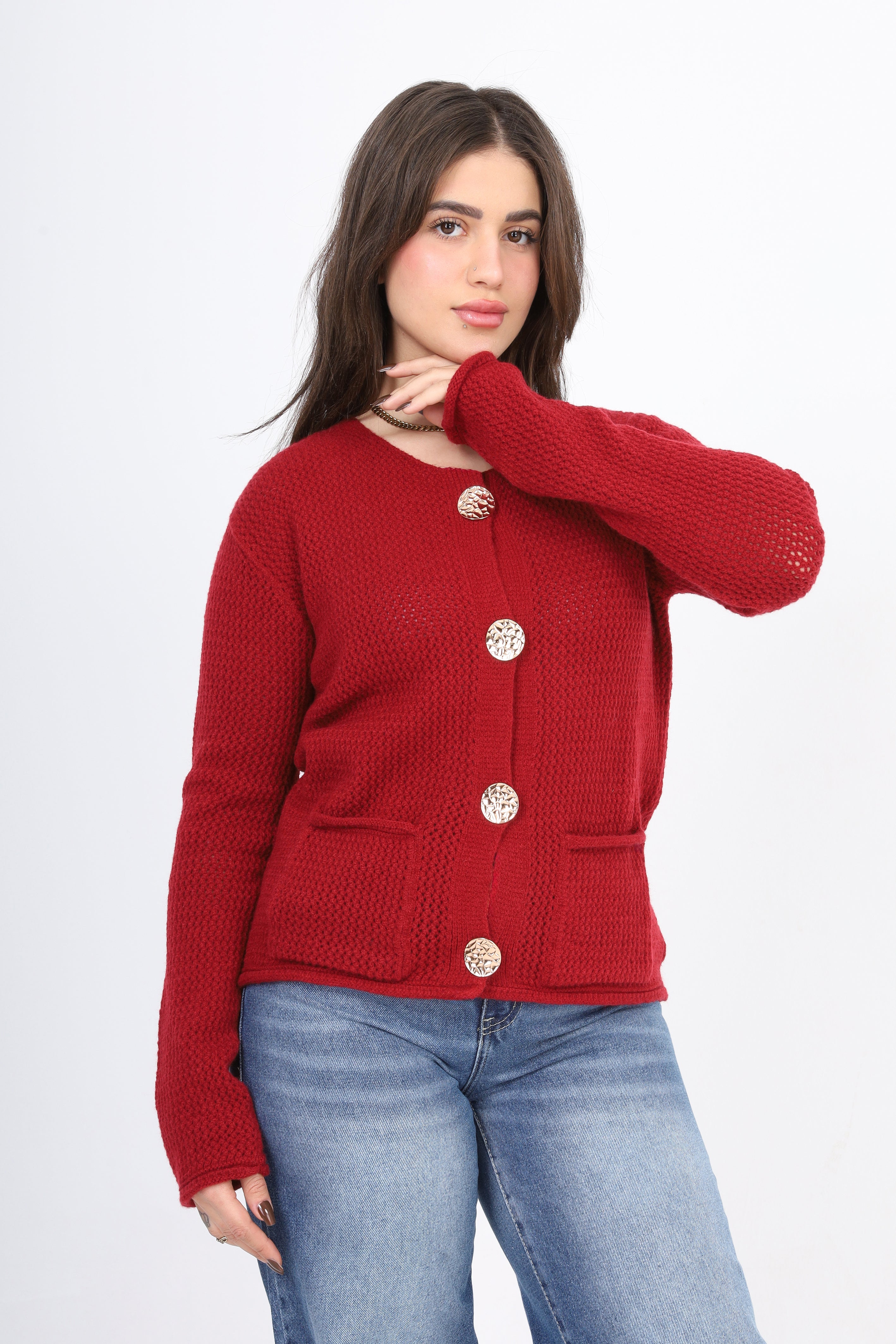 Knit Cardigan with Statement Buttons w995J002