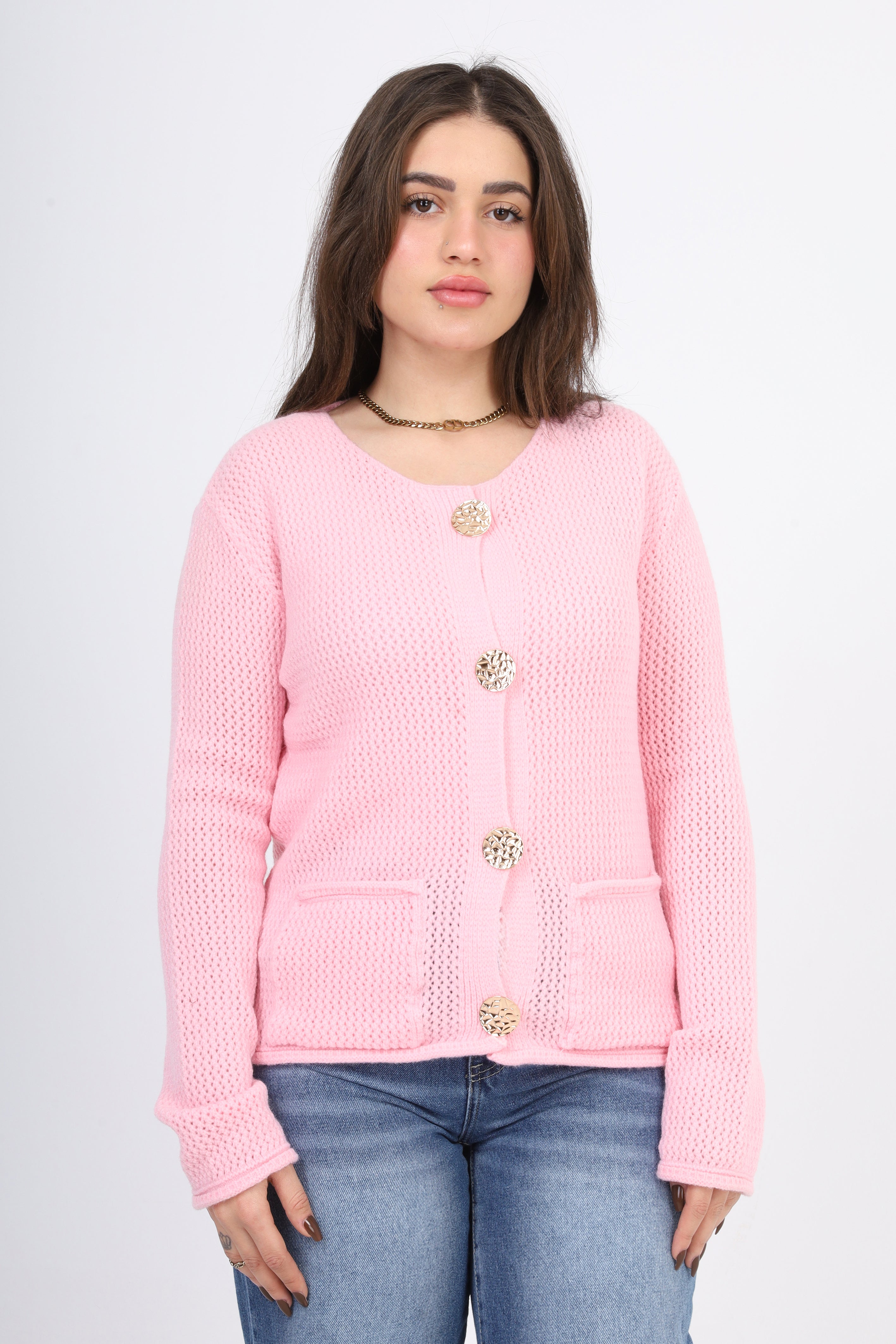 Knit Cardigan with Statement Buttons w995J002