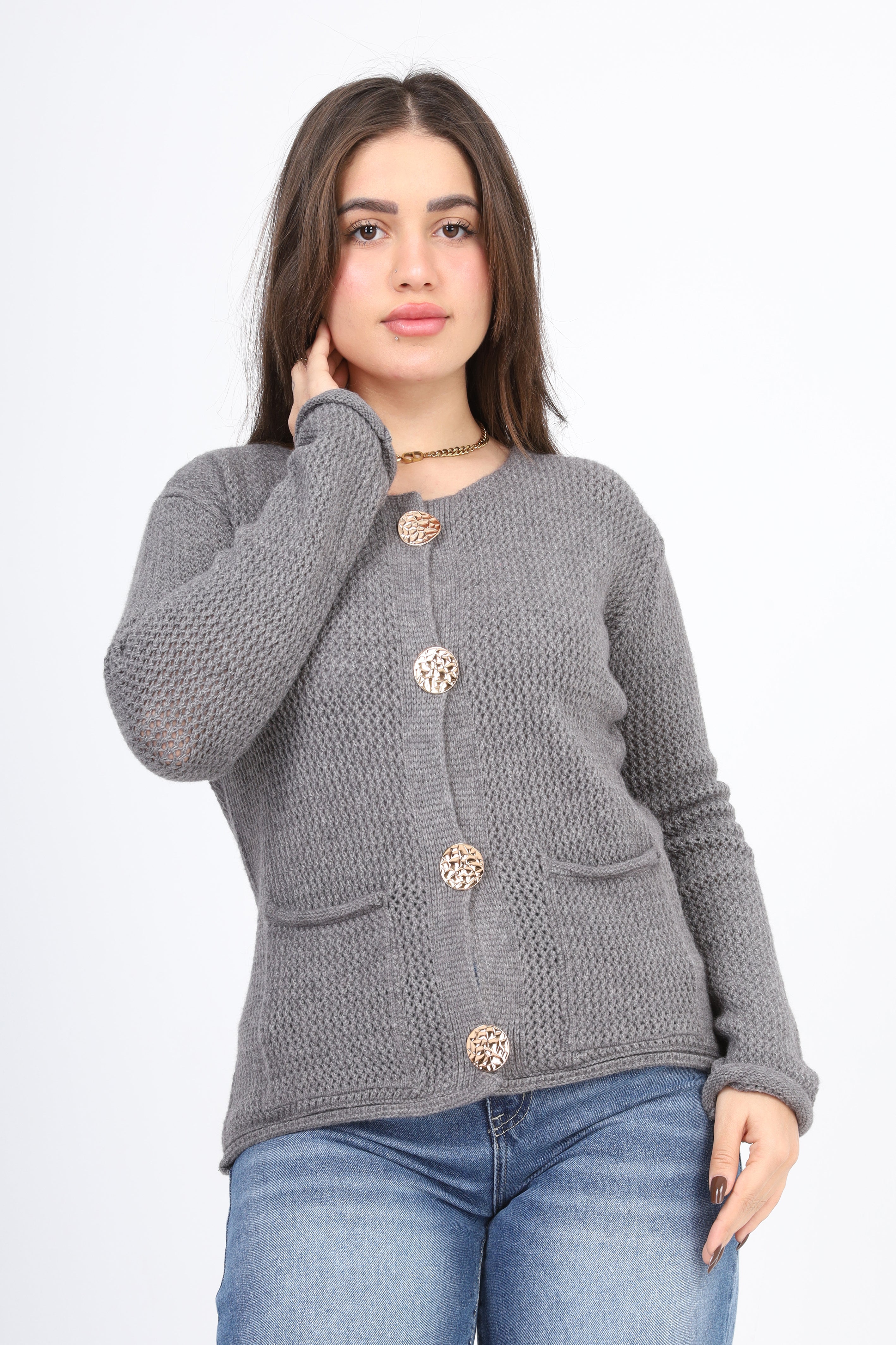 Knit Cardigan with Statement Buttons w995J002