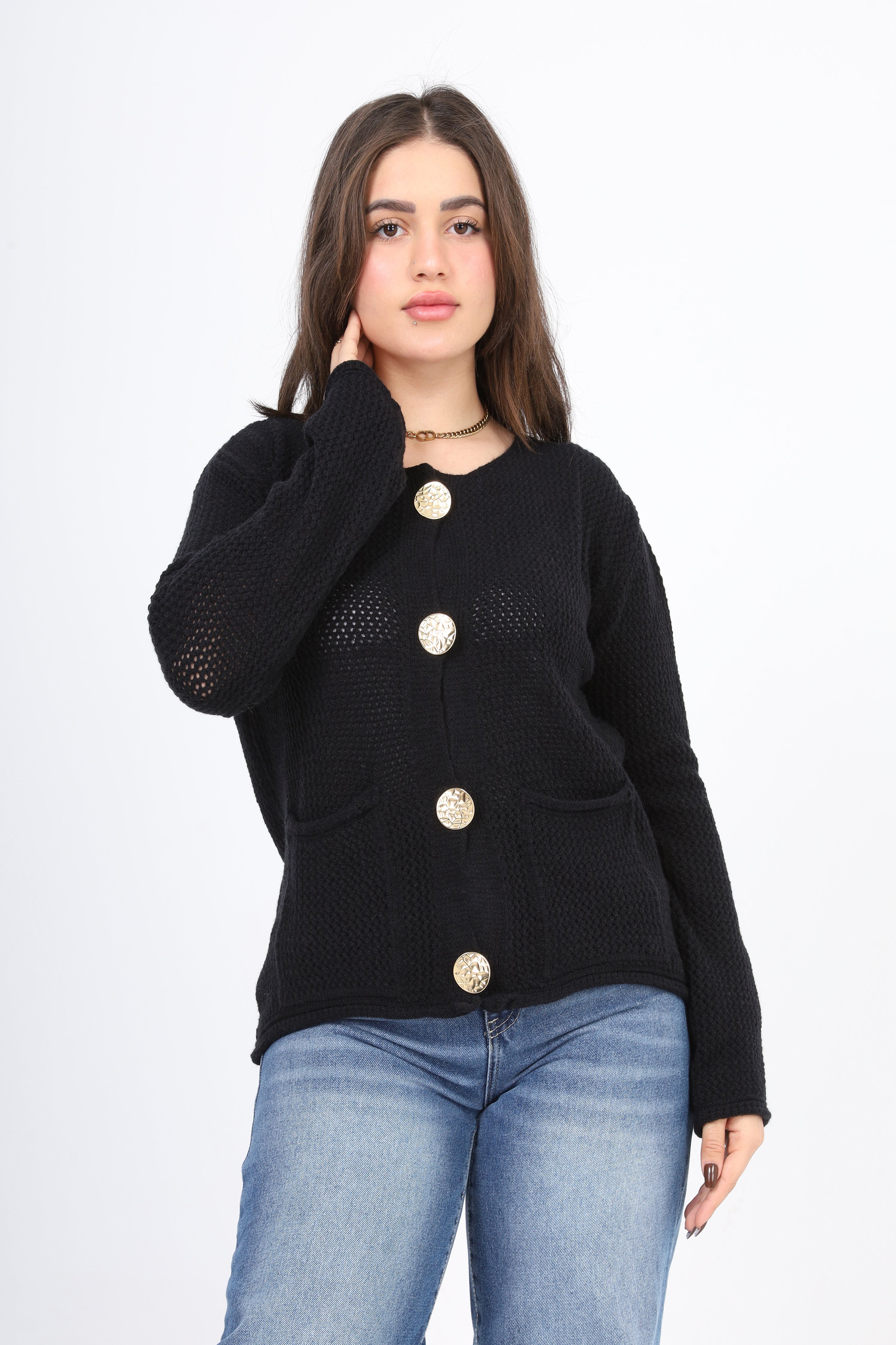 Knit Cardigan with Statement Buttons w995J002